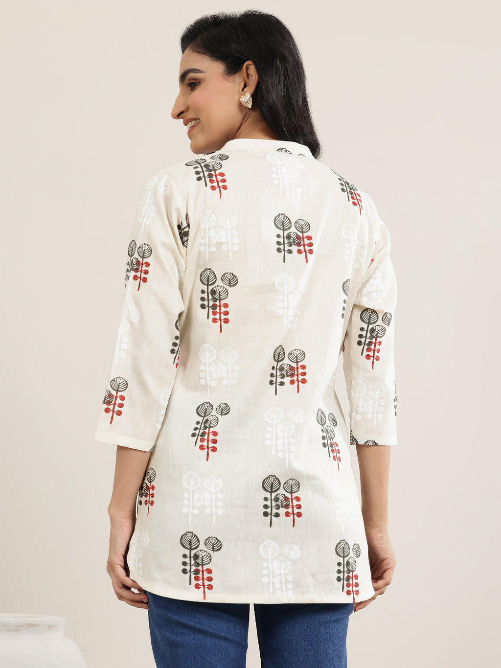 Off White Printed Cotton Straight Short Kurti
