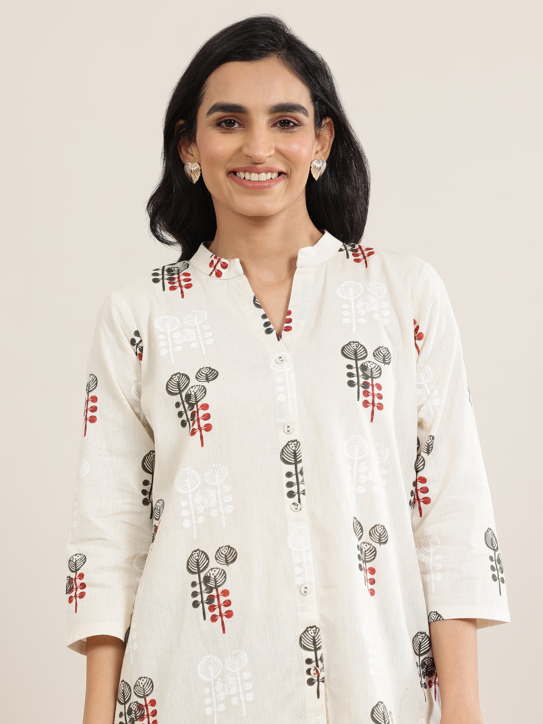 Off White Printed Cotton Straight Short Kurti