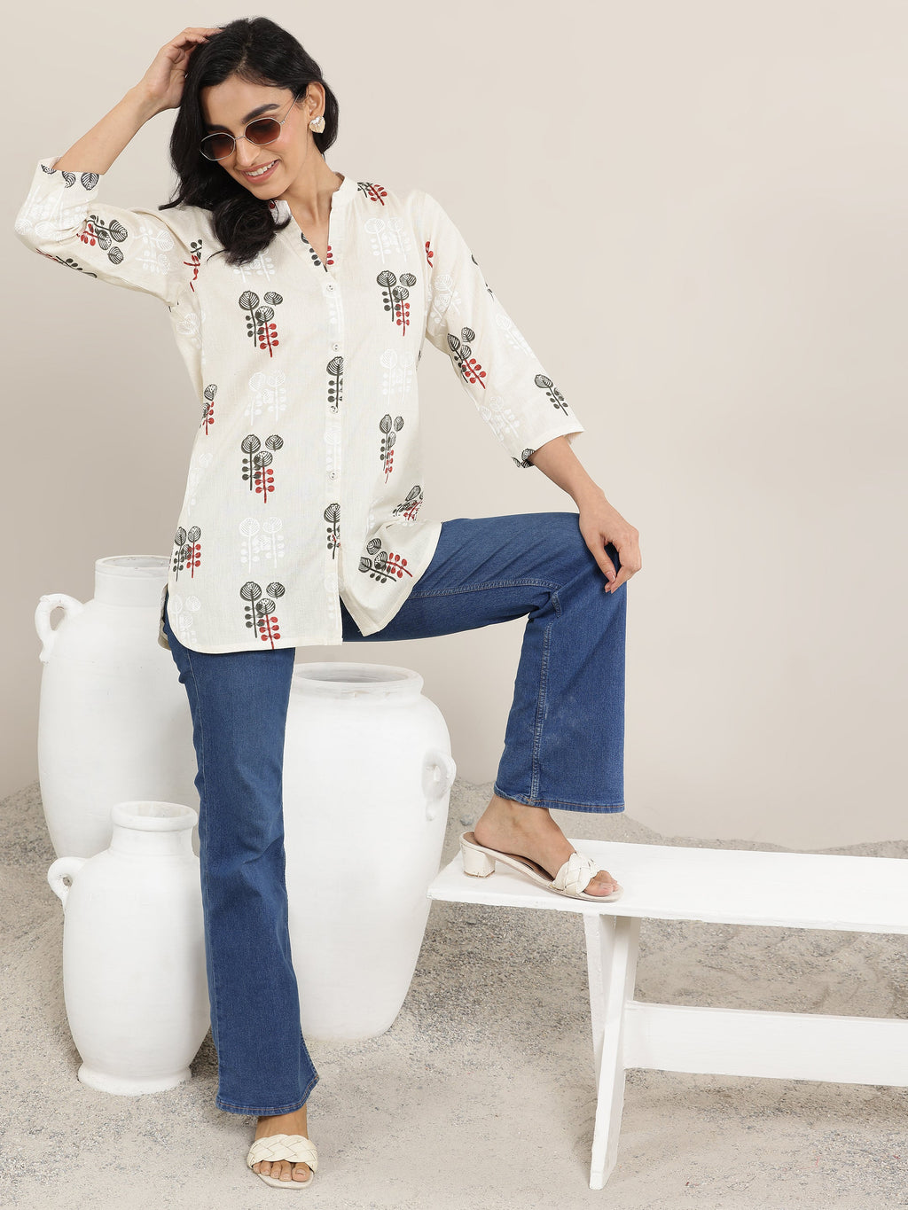 Off White Printed Cotton Straight Short Kurti