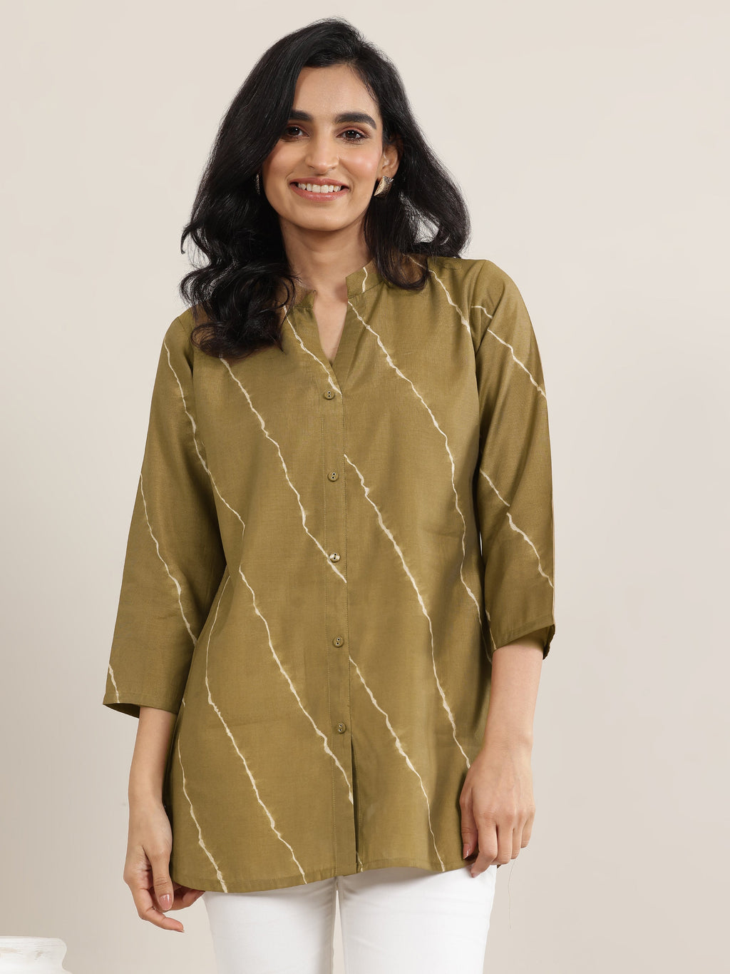 Olive Printed Silk Blend Straight Short Kurti