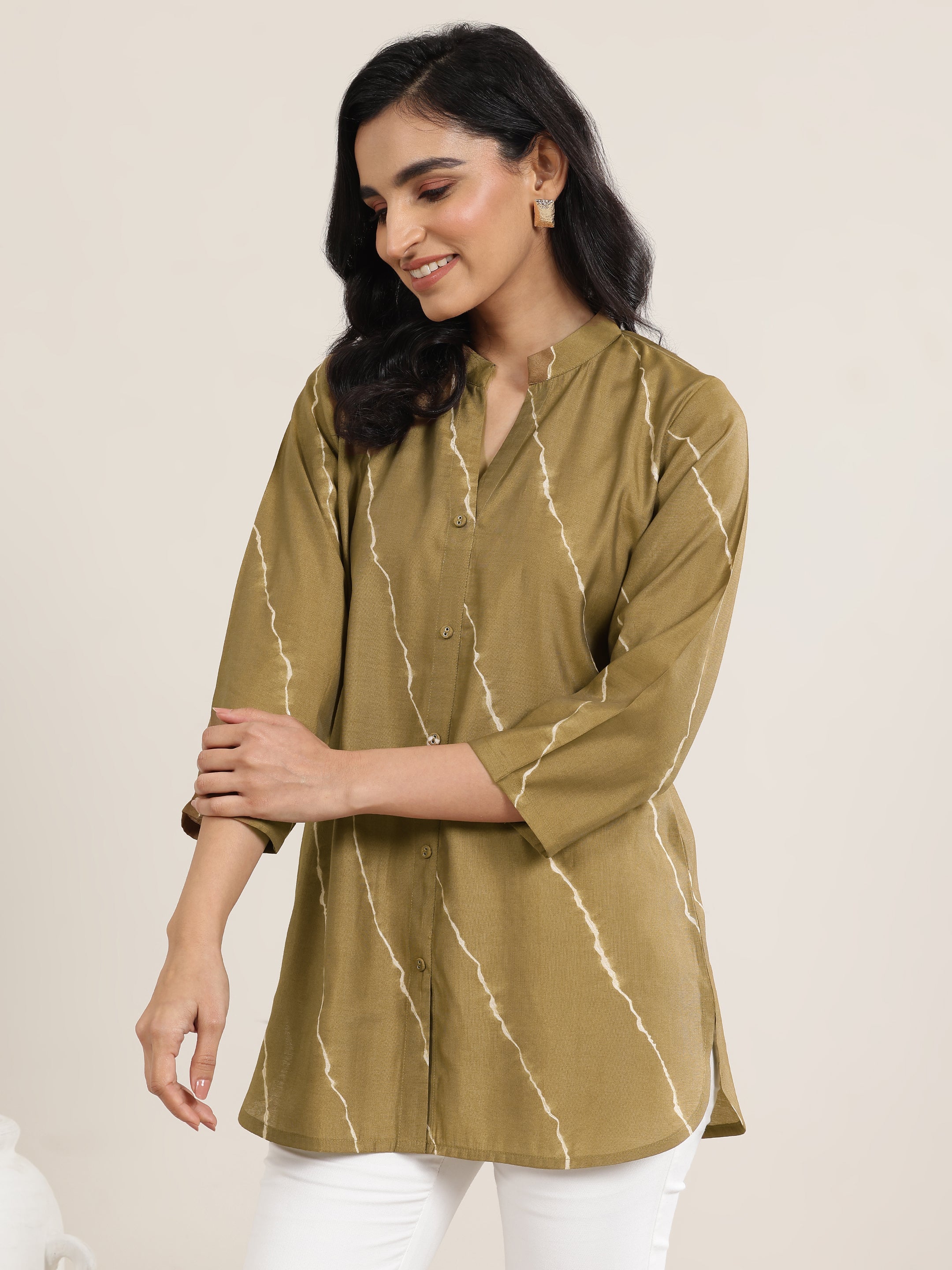 Olive Printed Silk Blend Straight Short Kurti