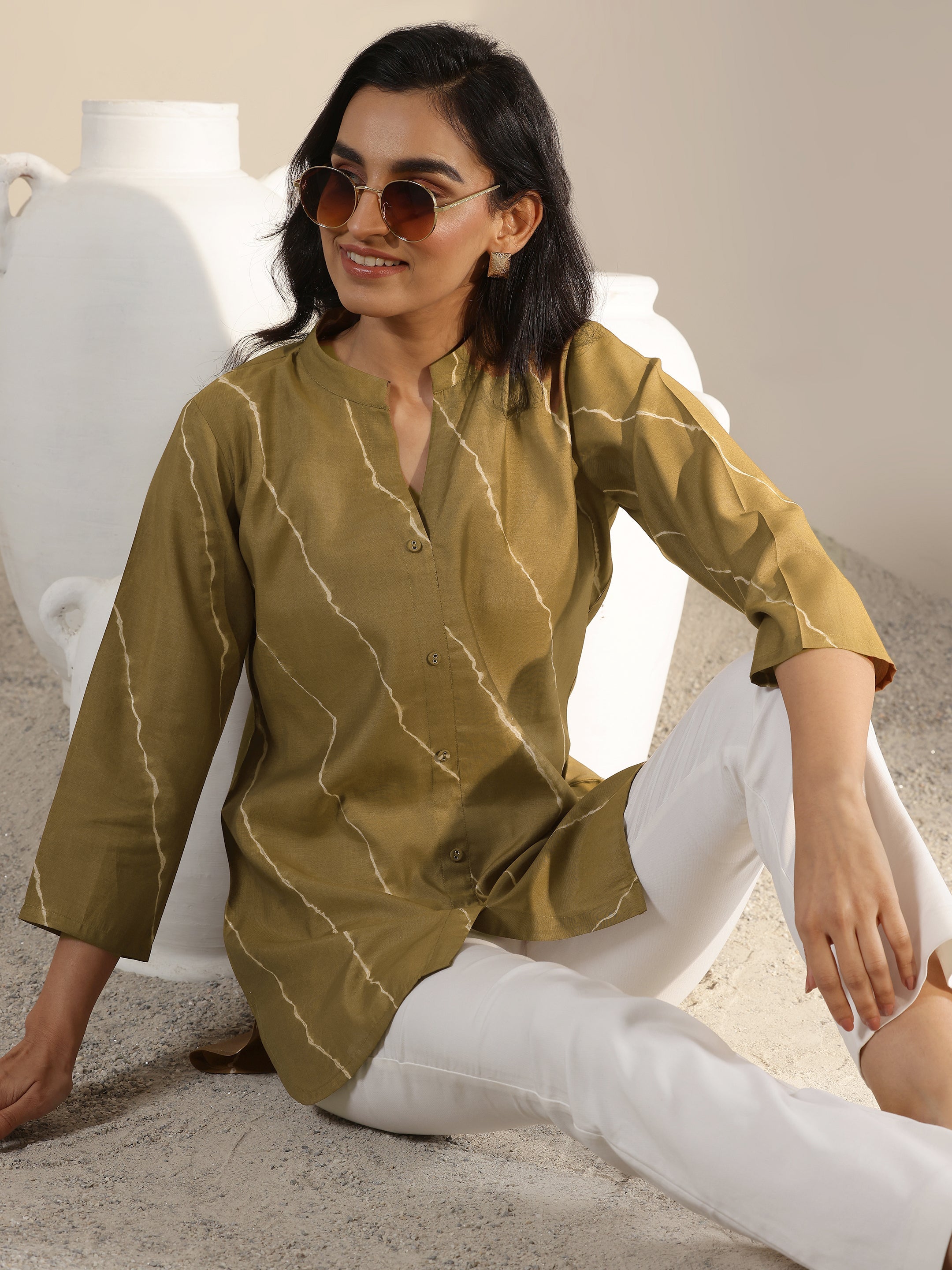 Olive Printed Silk Blend Straight Short Kurti