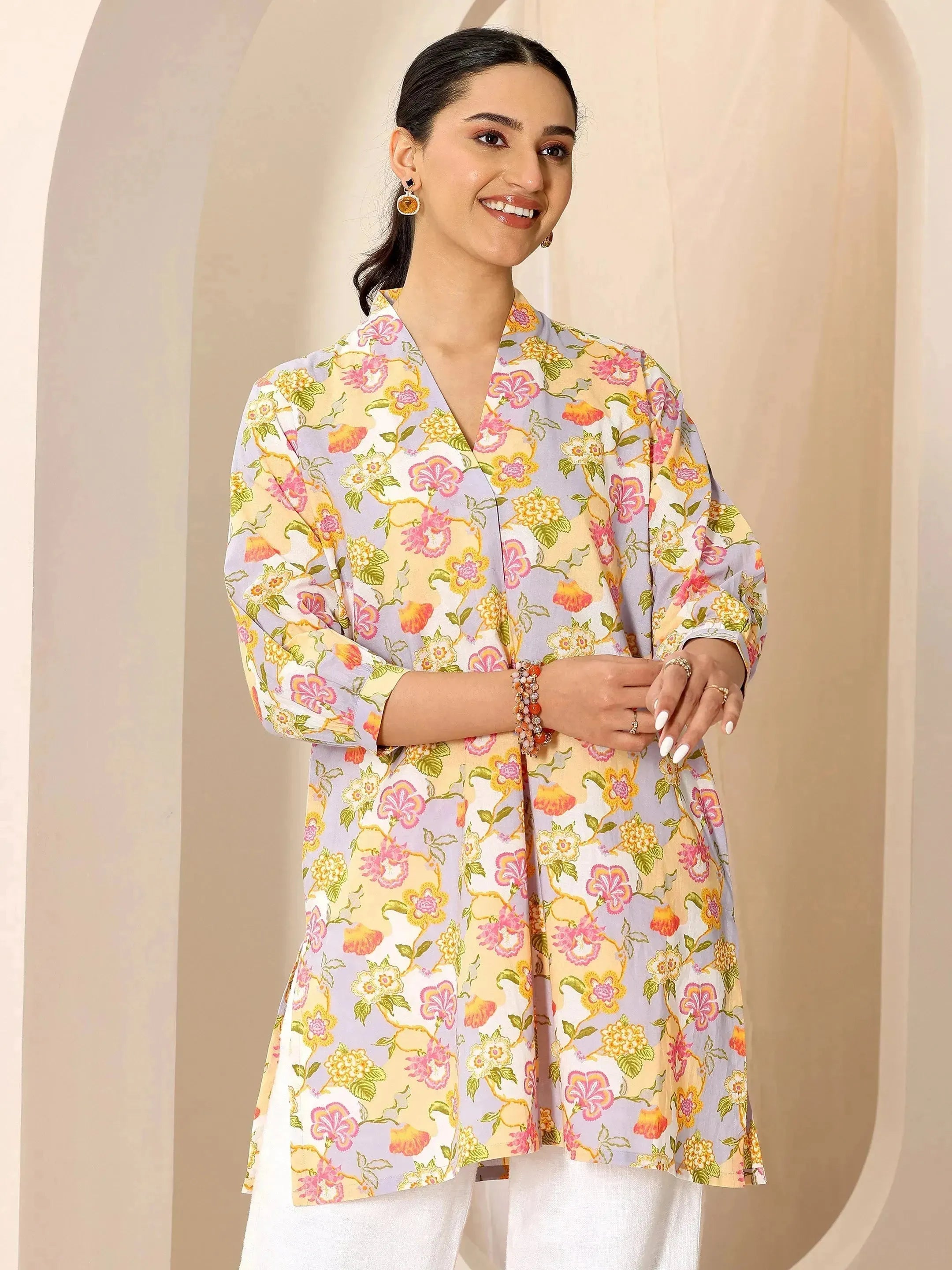 Multicoloured Printed Cotton Blend Straight Short Kurti