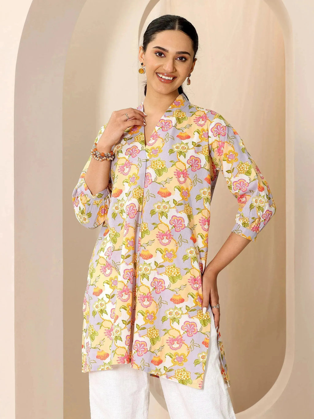 Multicoloured Printed Cotton Blend Straight Short Kurti