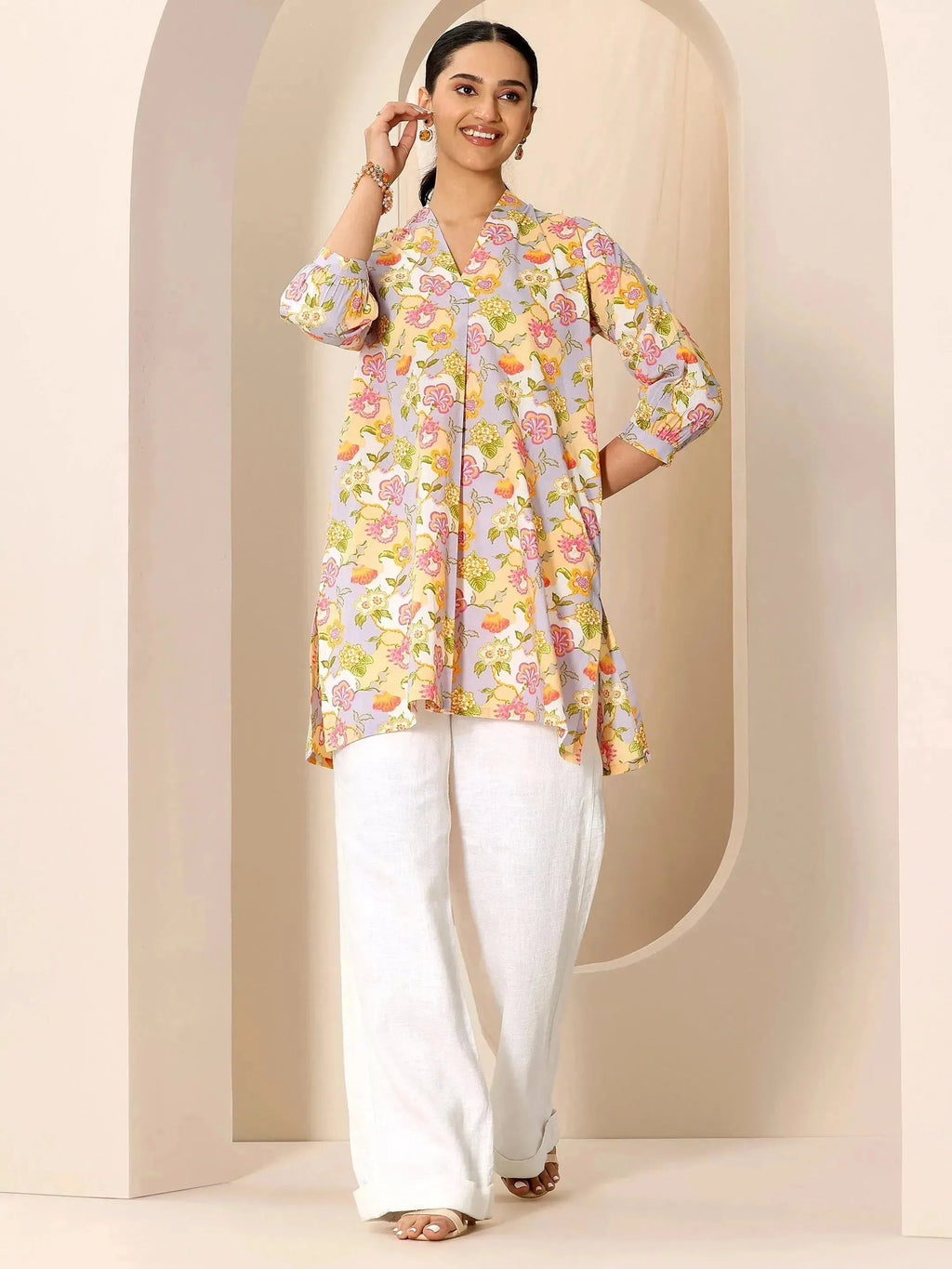 Multicoloured Printed Cotton Blend Straight Short Kurti
