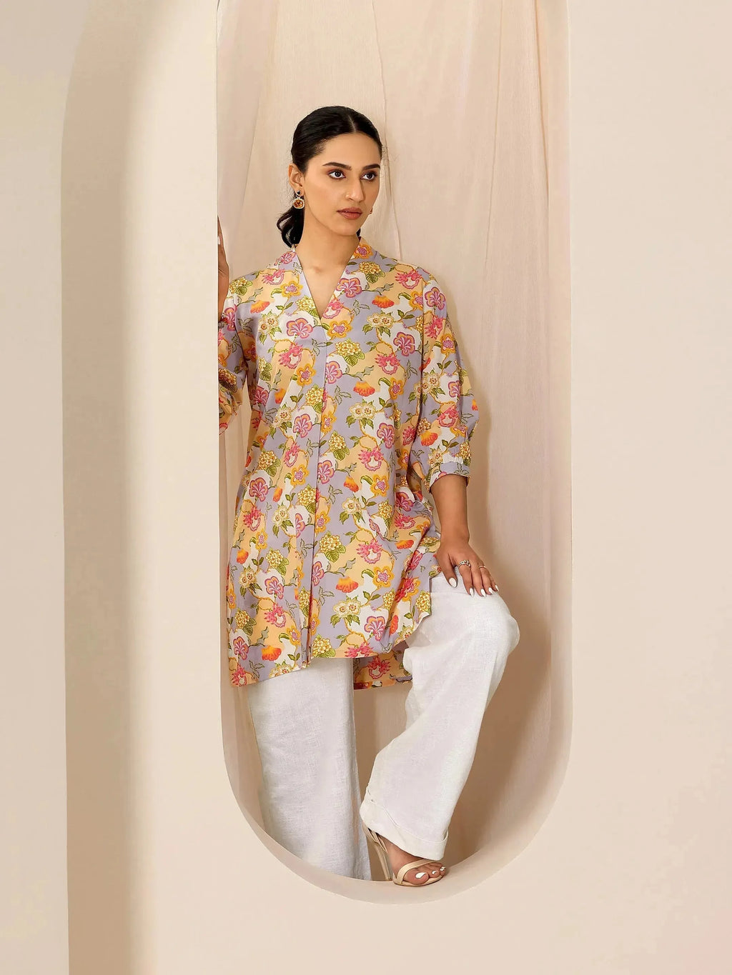 Multicoloured Printed Cotton Blend Straight Short Kurti