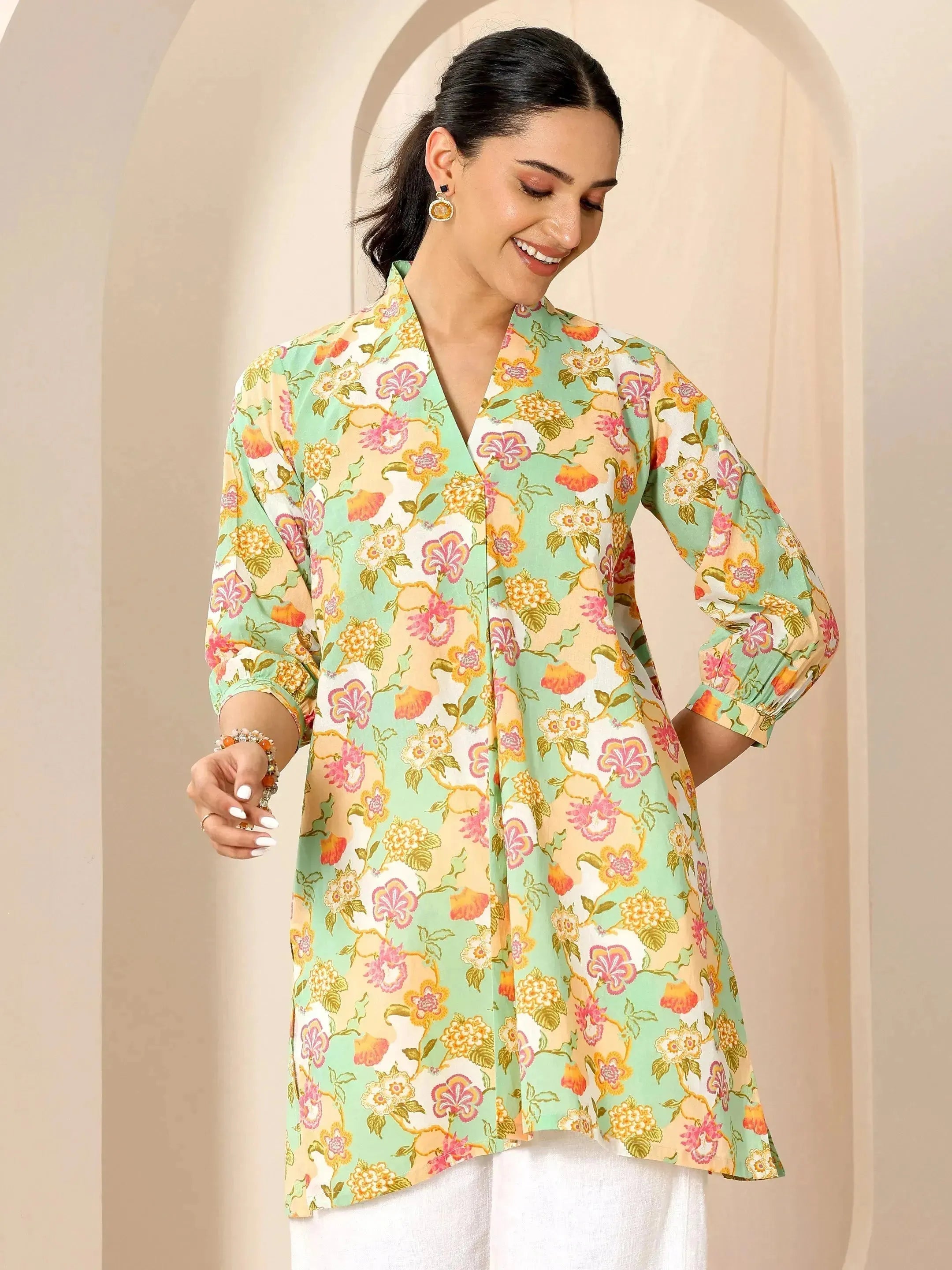 Multicoloured Printed Cotton Blend Straight Short Kurti