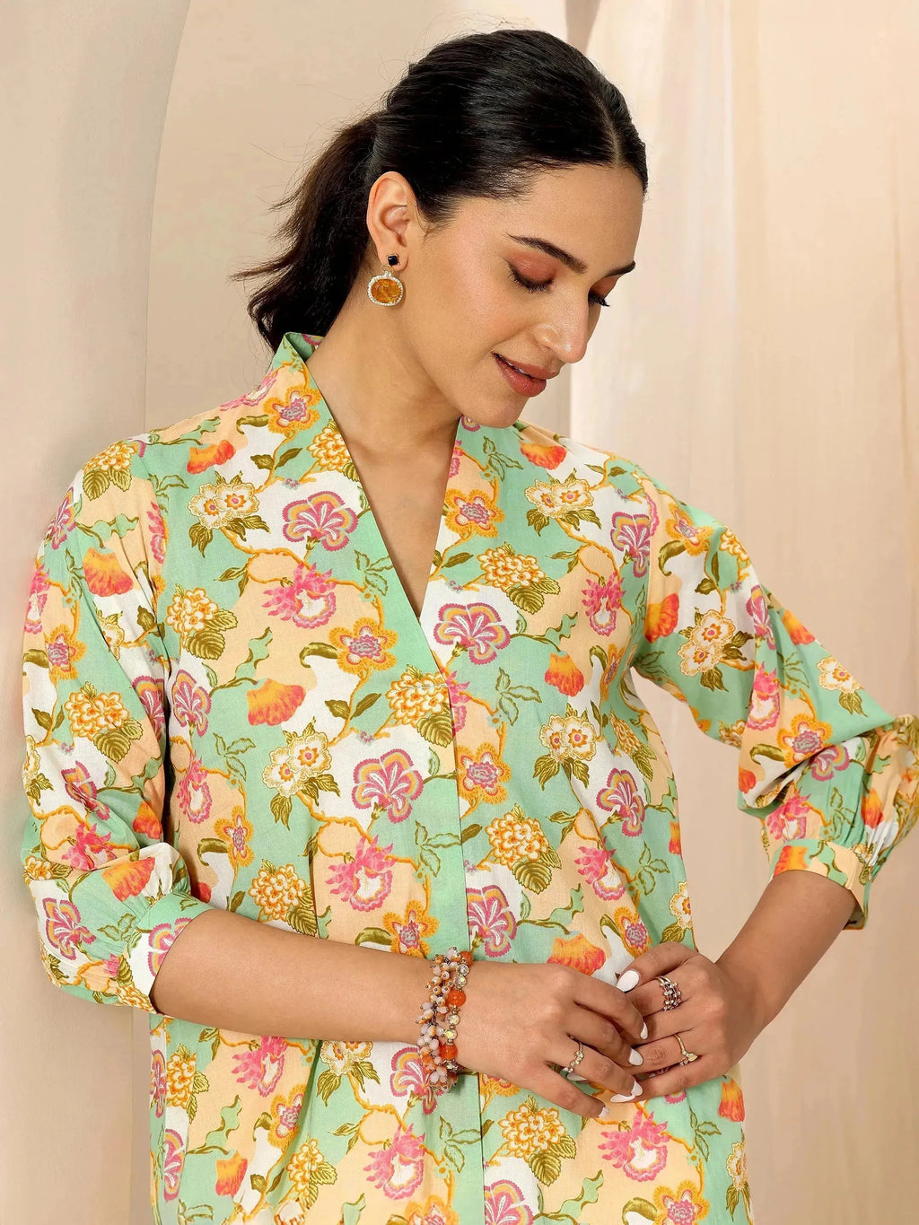 Multicoloured Printed Cotton Blend Straight Short Kurti