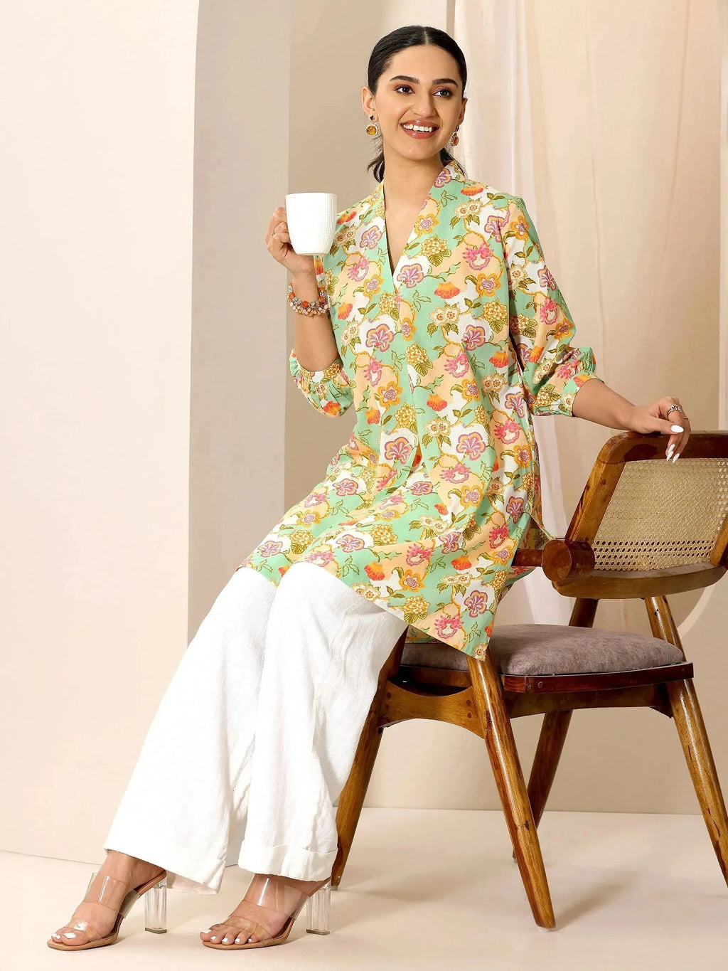 Multicoloured Printed Cotton Blend Straight Short Kurti