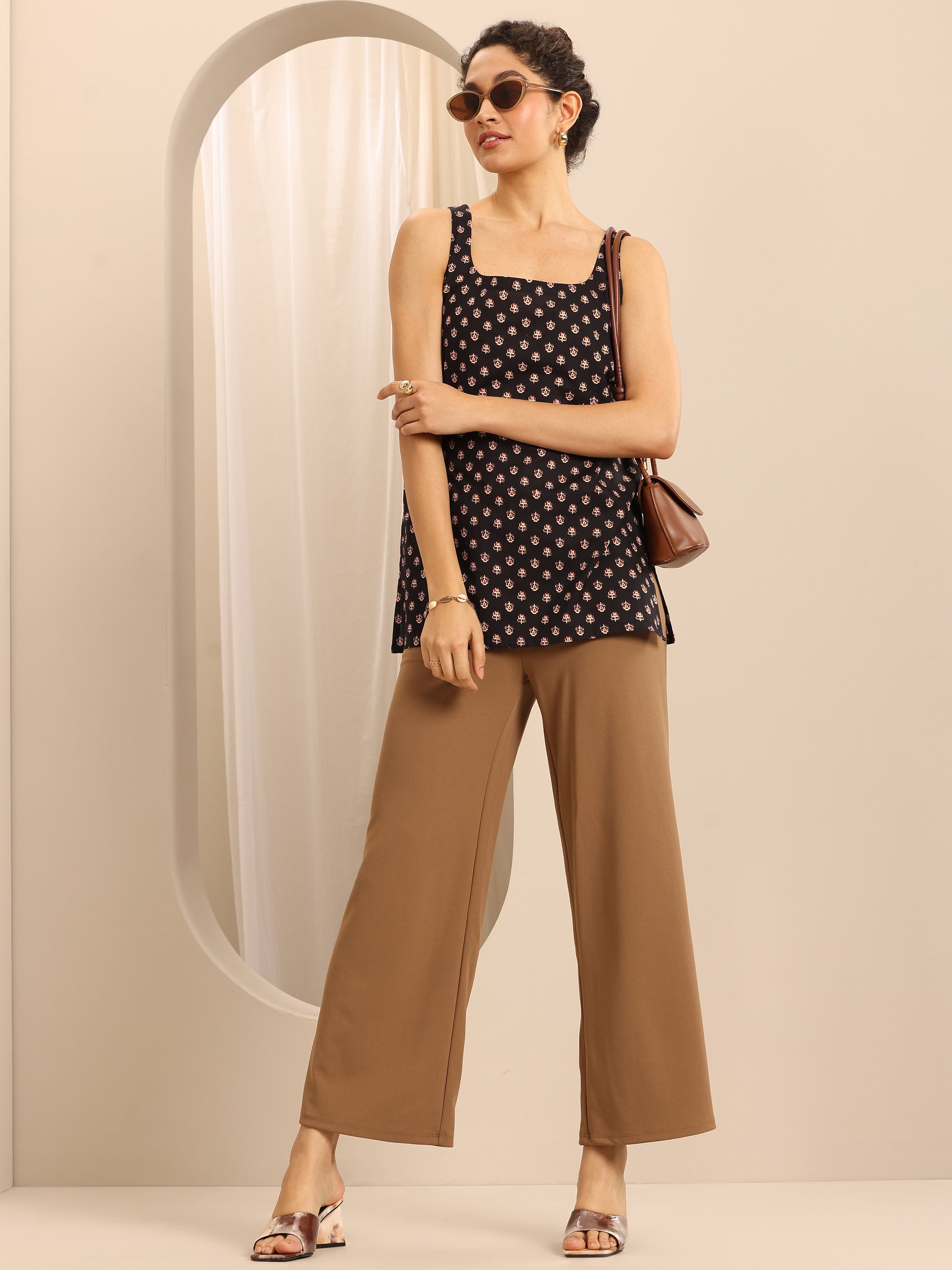 Black Printed Cotton Blend Straight Short Kurti