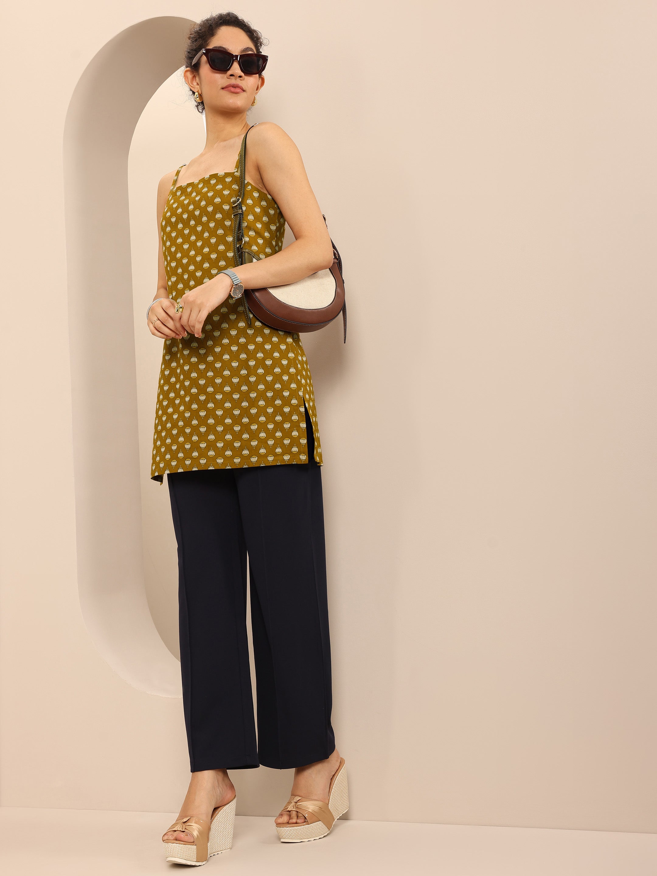 Mustard Printed Cotton Blend Straight Short Kurti
