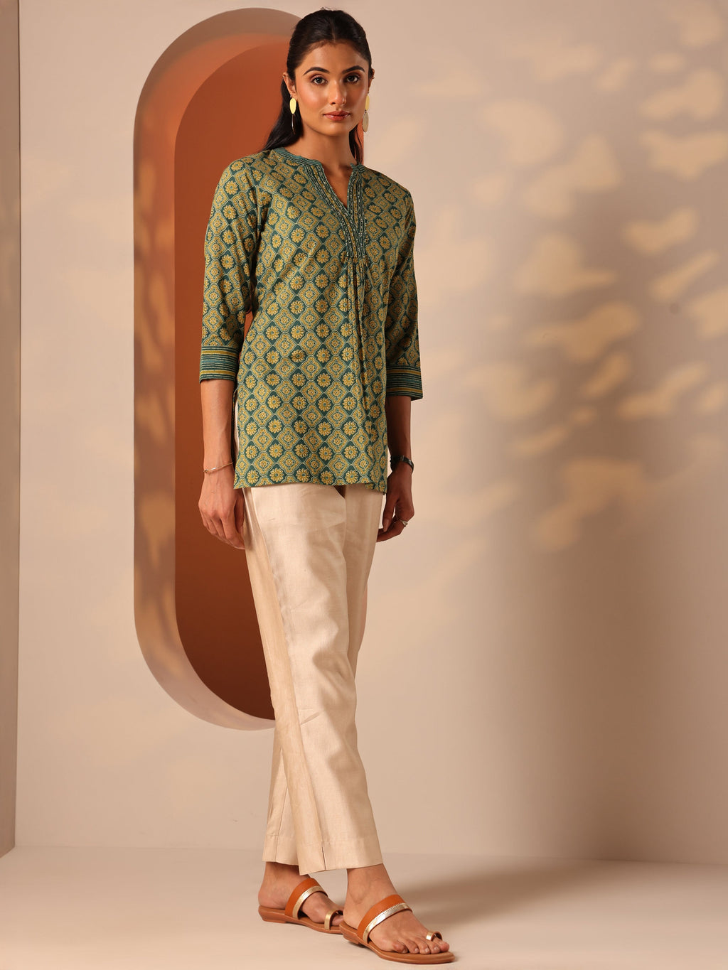 Green Printed Cotton Straight Shorti Kurti