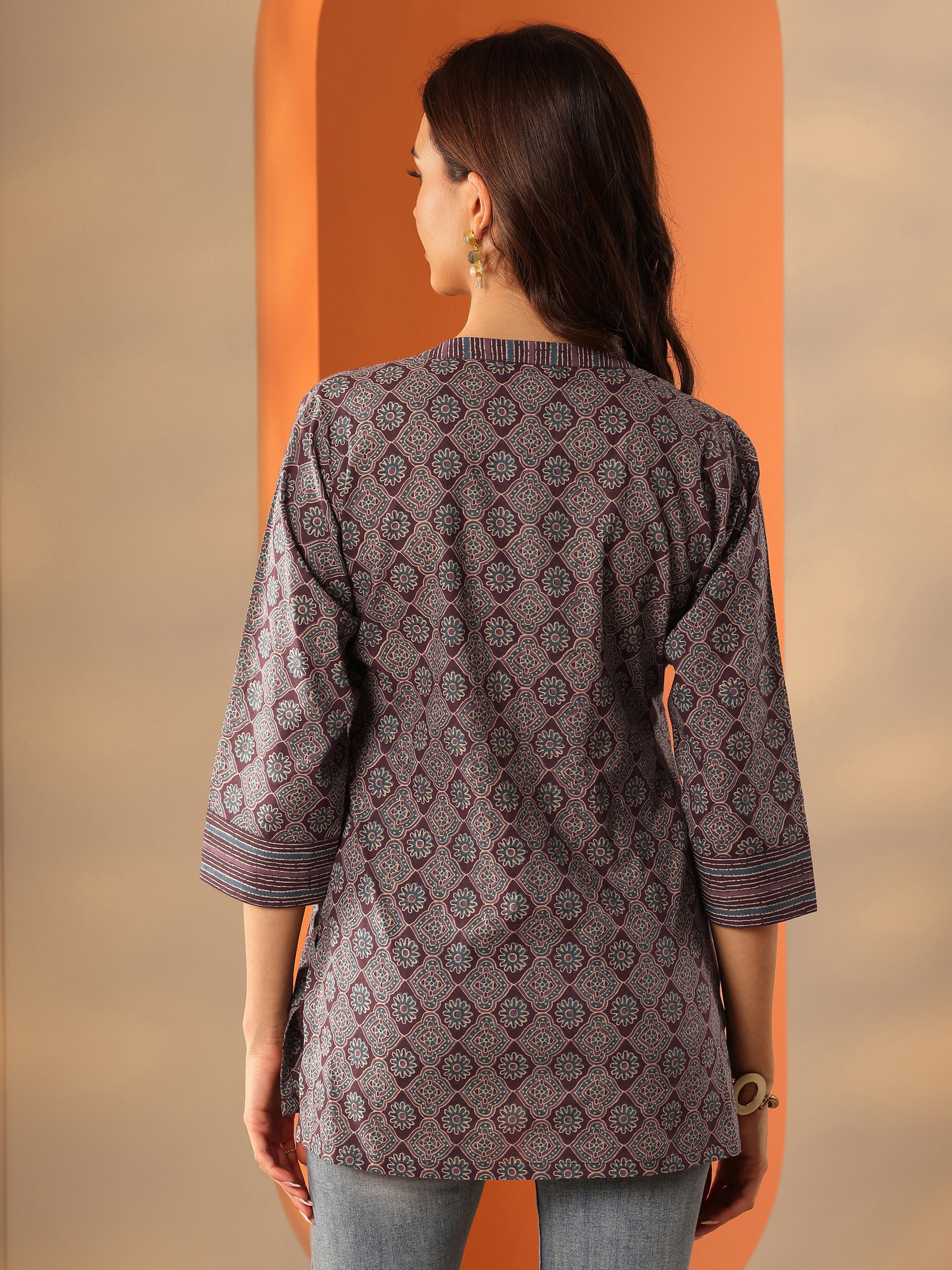 Burgundy Printed Cotton Straight Shorti Kurti