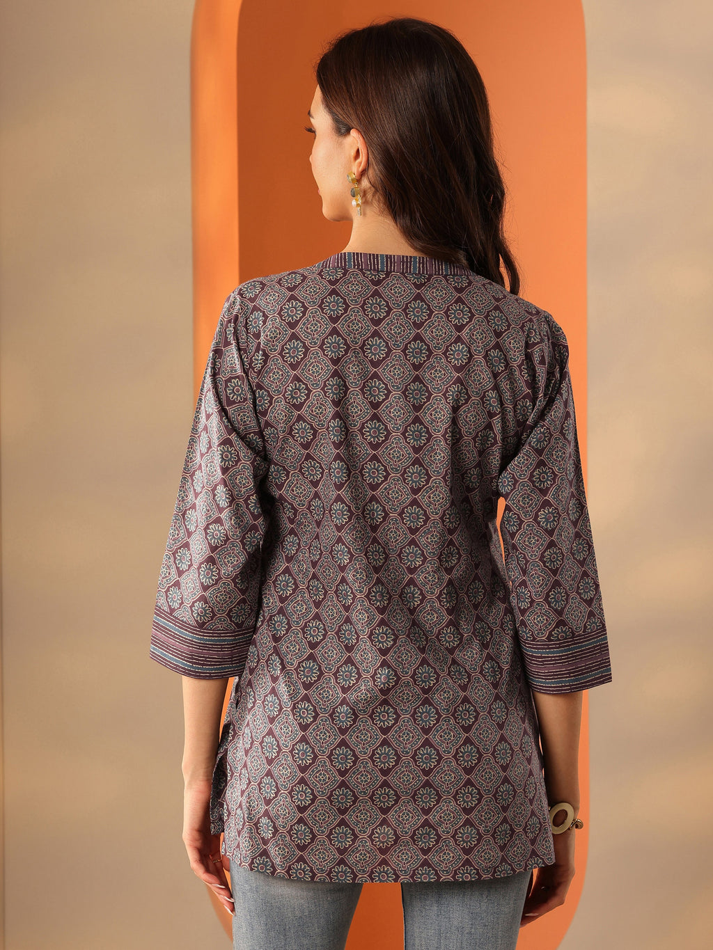 Burgundy Printed Cotton Straight Shorti Kurti