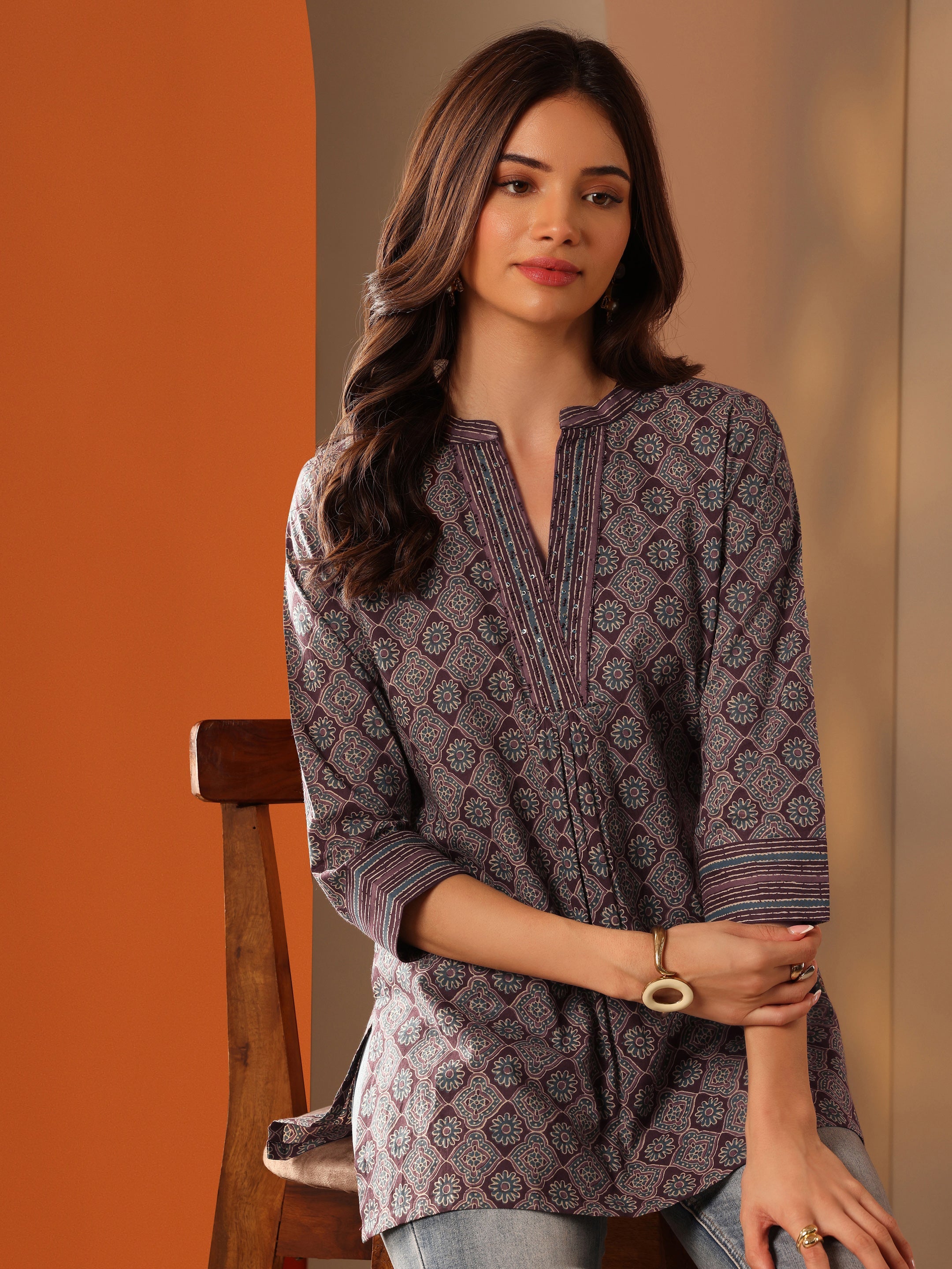 Burgundy Printed Cotton Straight Shorti Kurti