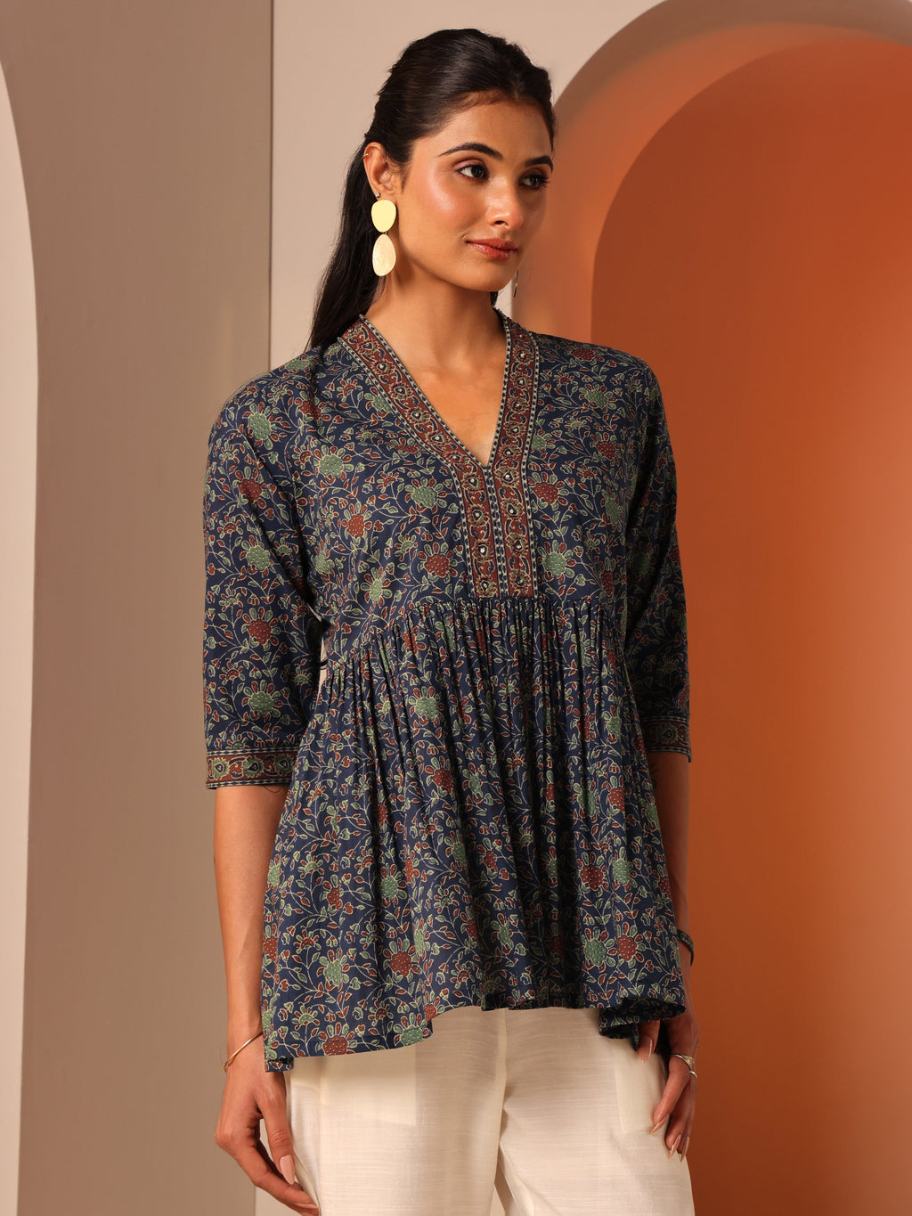 Blue Printed Cotton Anarkali Short Kurti