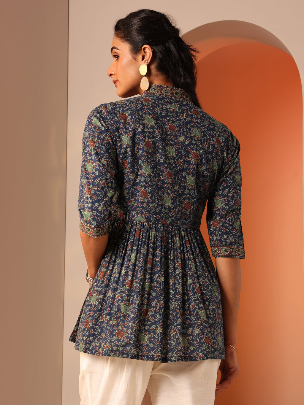 Blue Printed Cotton Anarkali Short Kurti