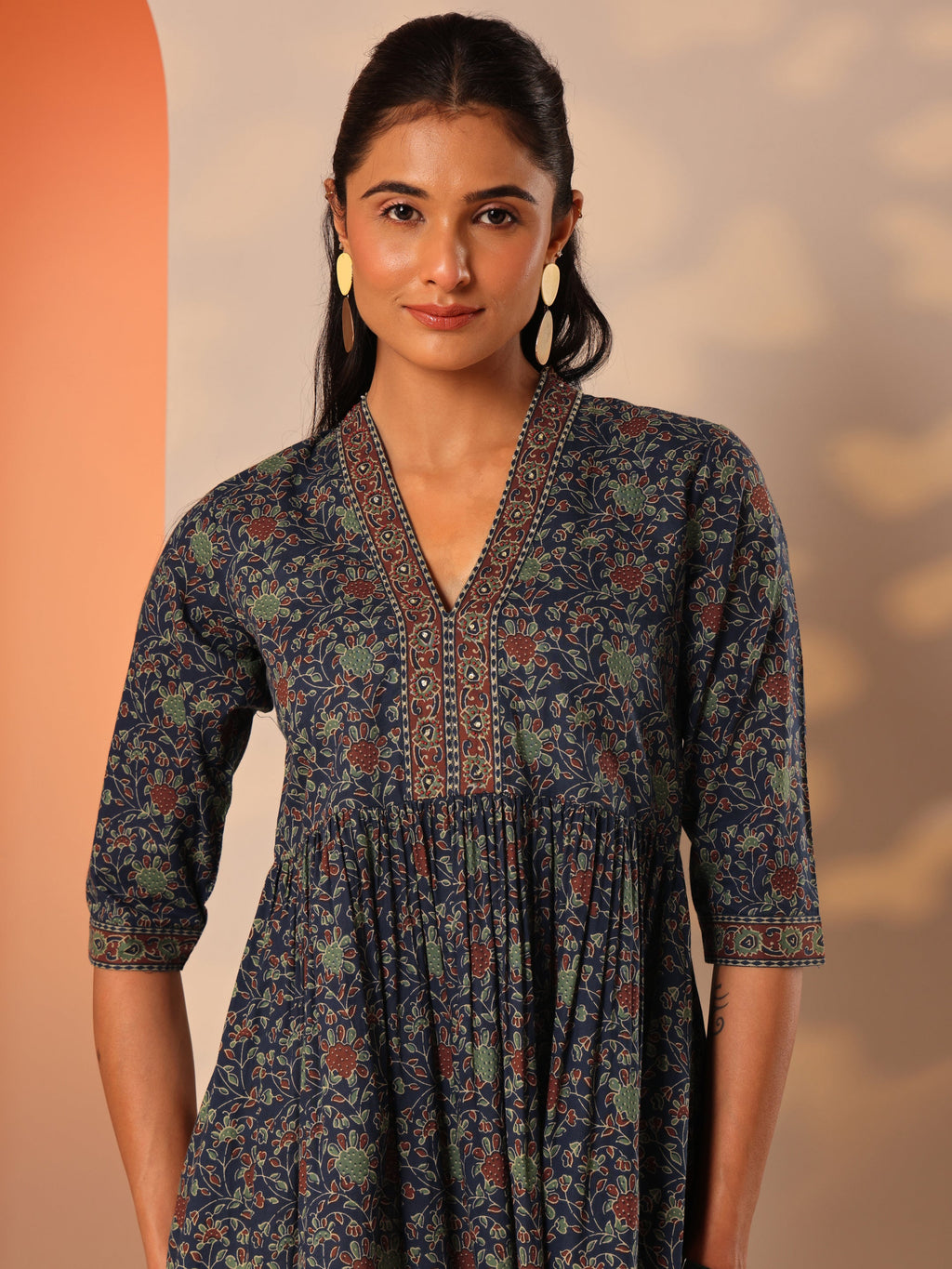 Blue Printed Cotton Anarkali Short Kurti