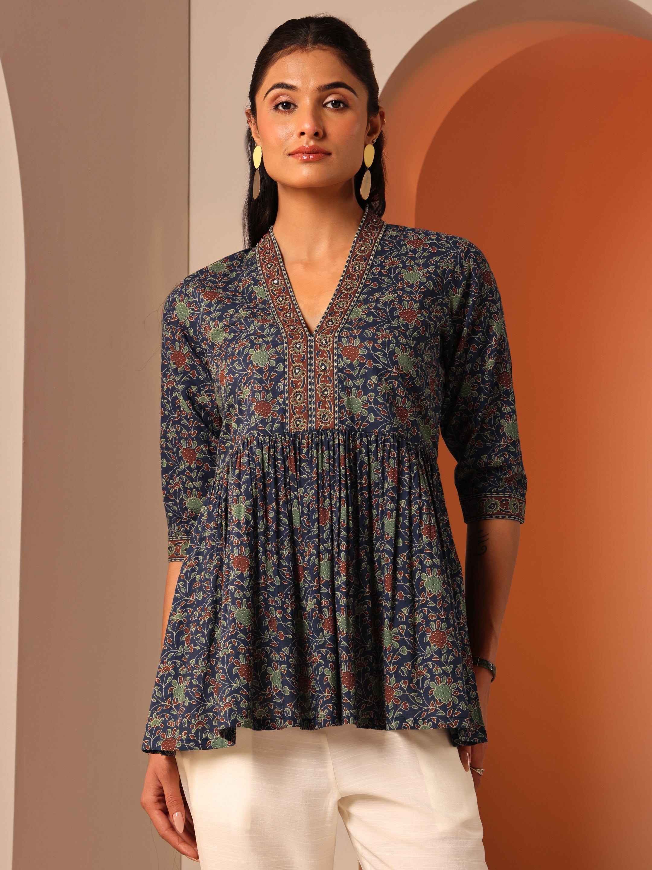 Blue Printed Cotton Anarkali Short Kurti