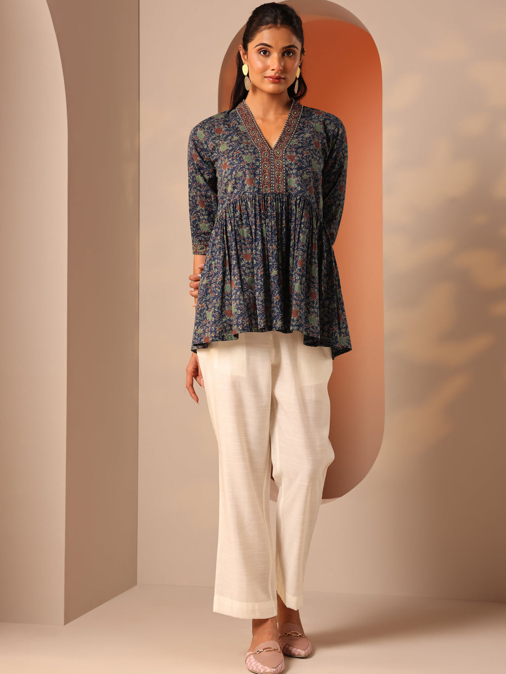 Blue Printed Cotton Anarkali Short Kurti