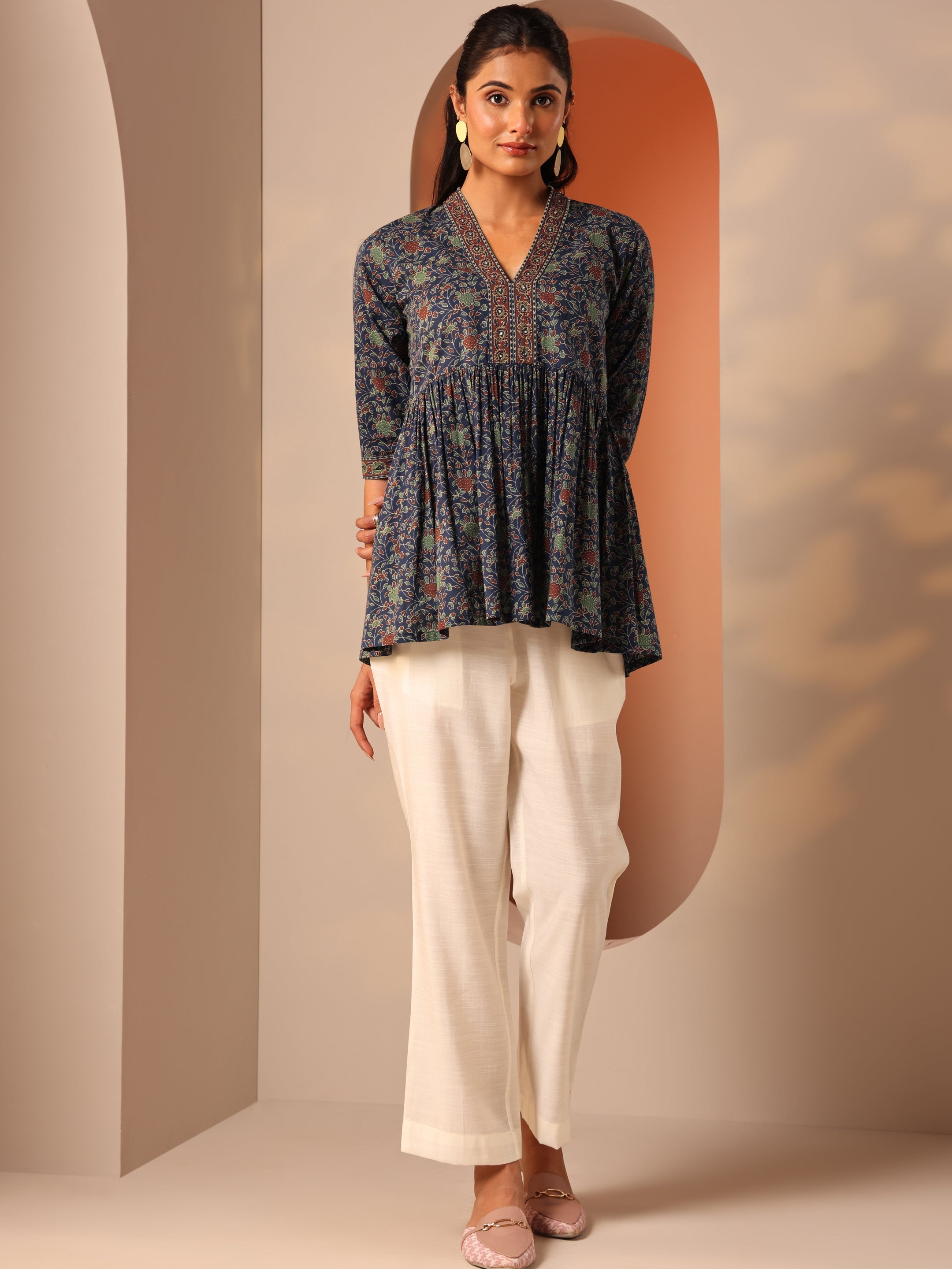 Blue Printed Cotton Anarkali Short Kurti