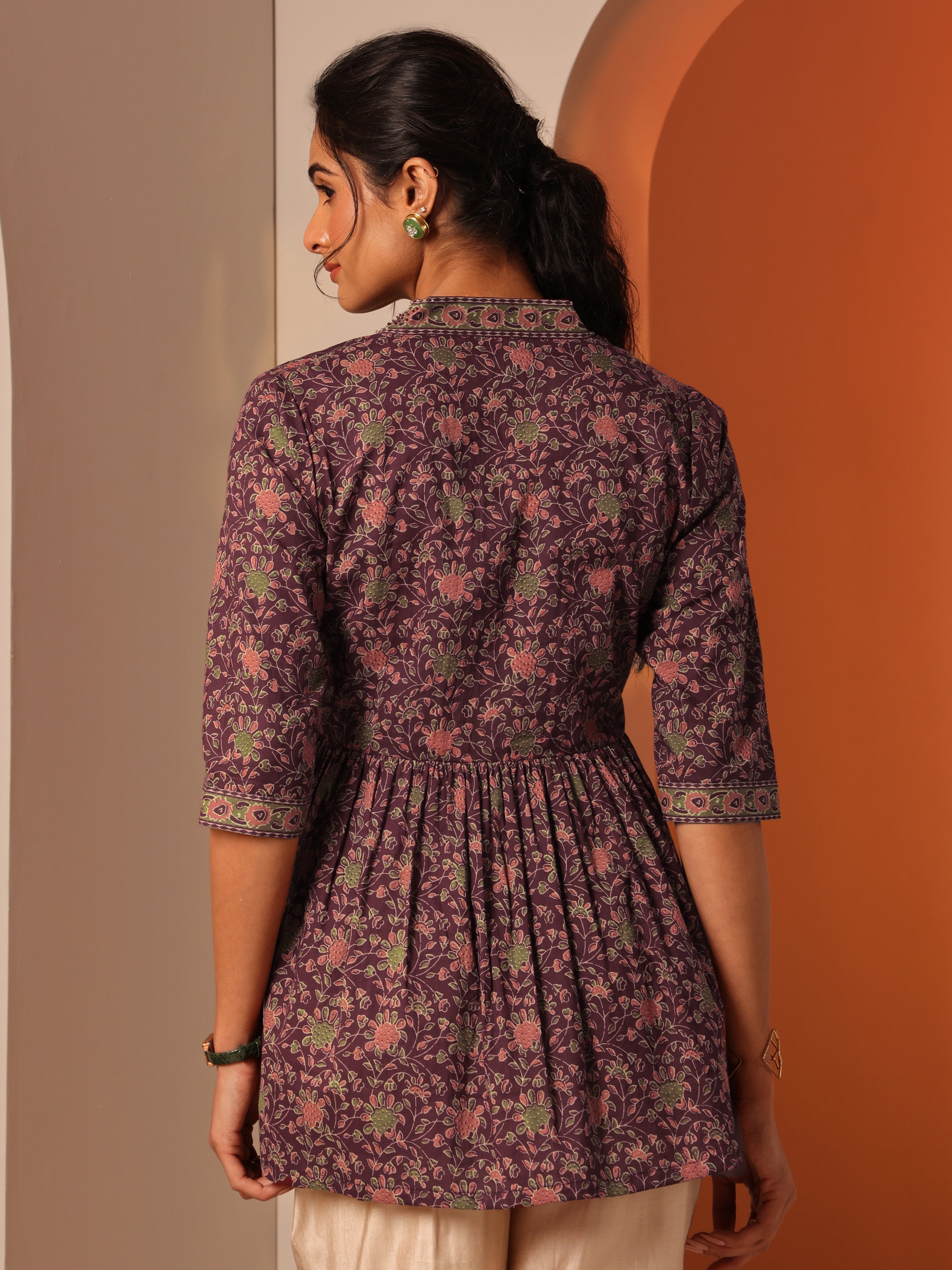 Burgundy Printed Cotton Anarkali Short Kurti