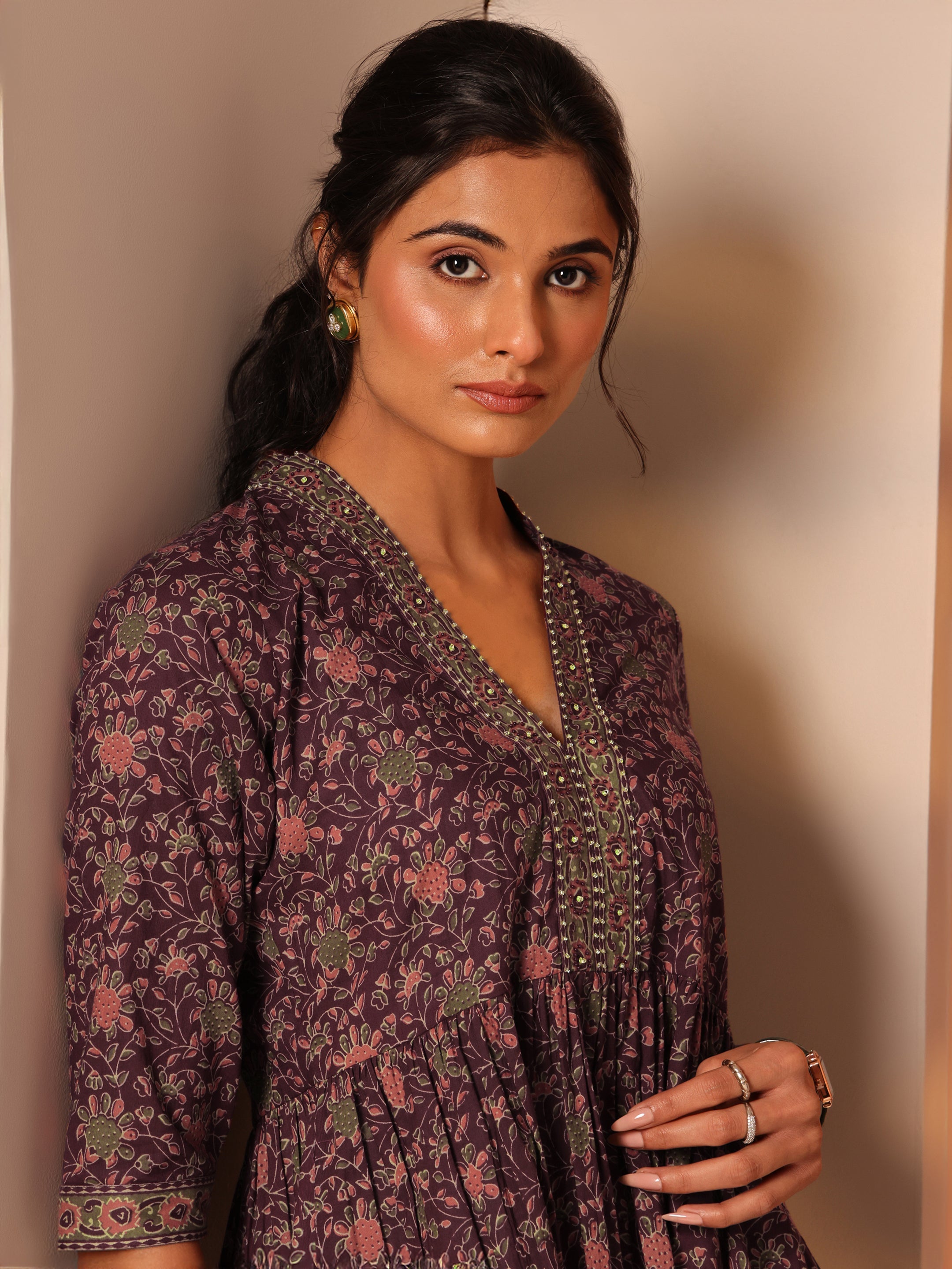 Burgundy Printed Cotton Anarkali Short Kurti