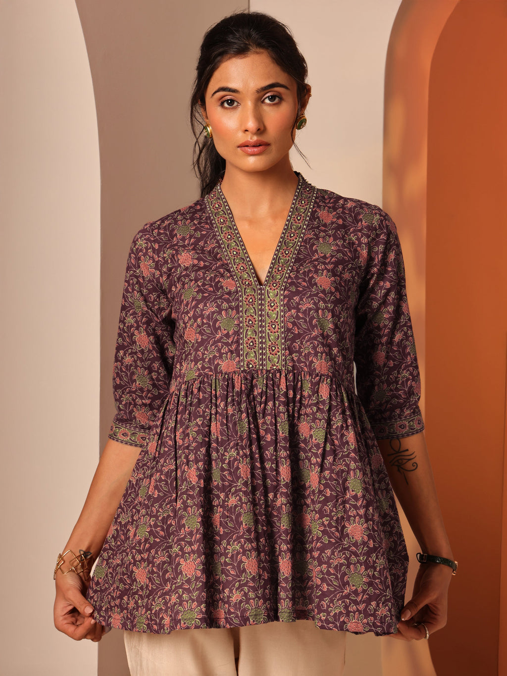 Burgundy Printed Cotton Anarkali Short Kurti