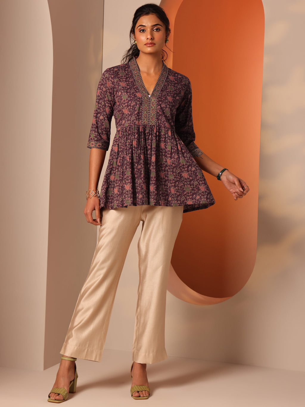 Burgundy Printed Cotton Anarkali Short Kurti