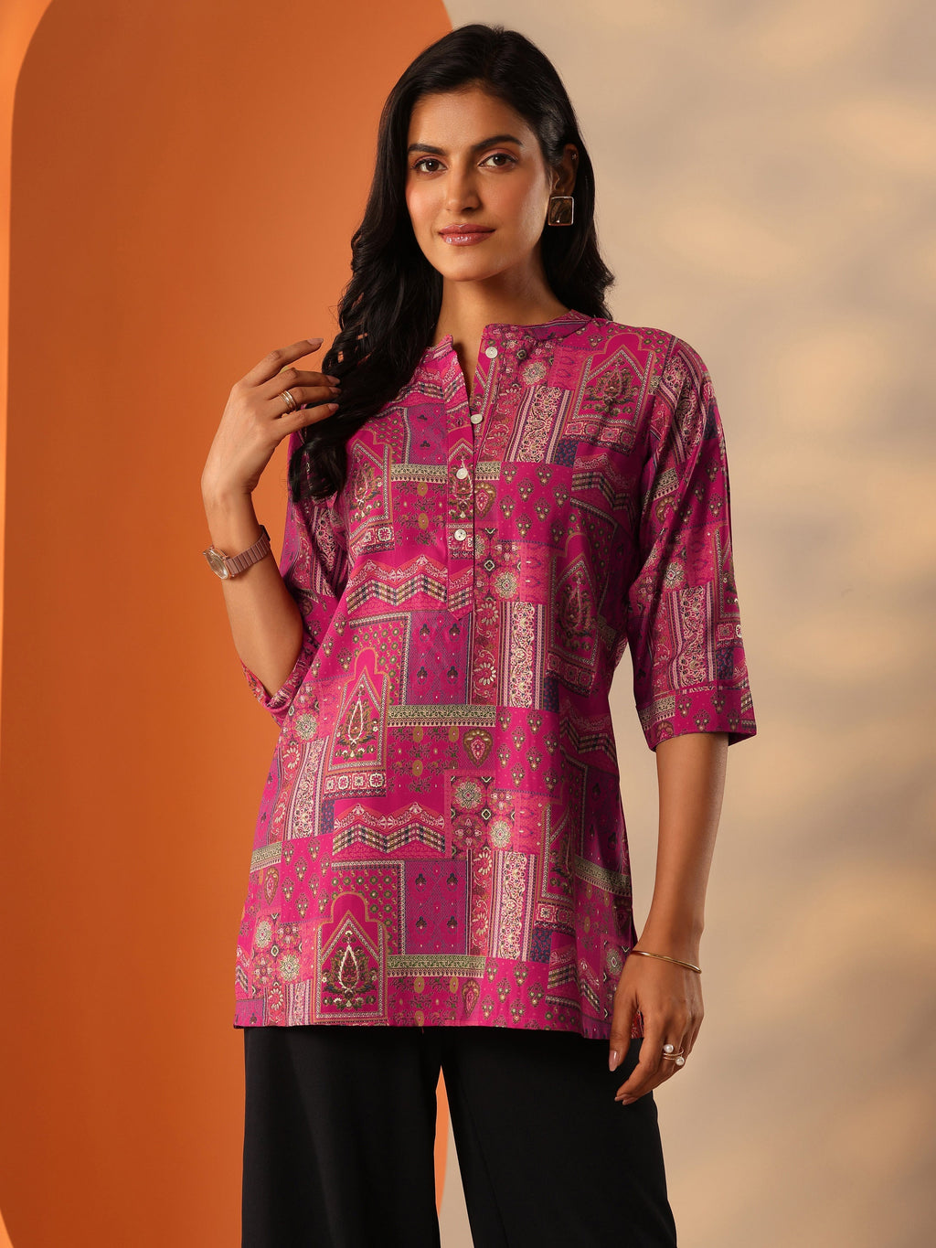 Pink Printed Silk Blend Straight Short Kurti