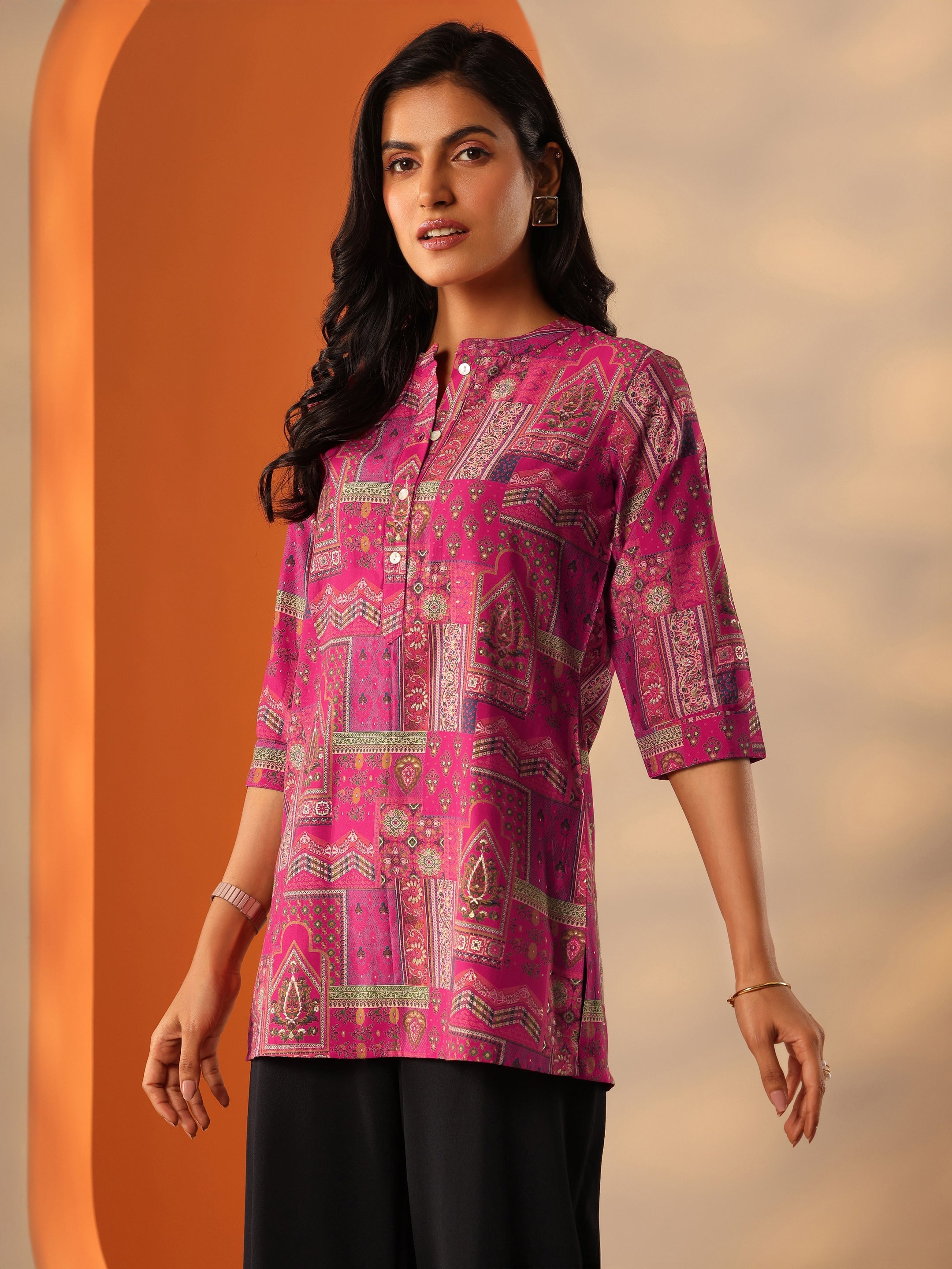 Pink Printed Silk Blend Straight Short Kurti