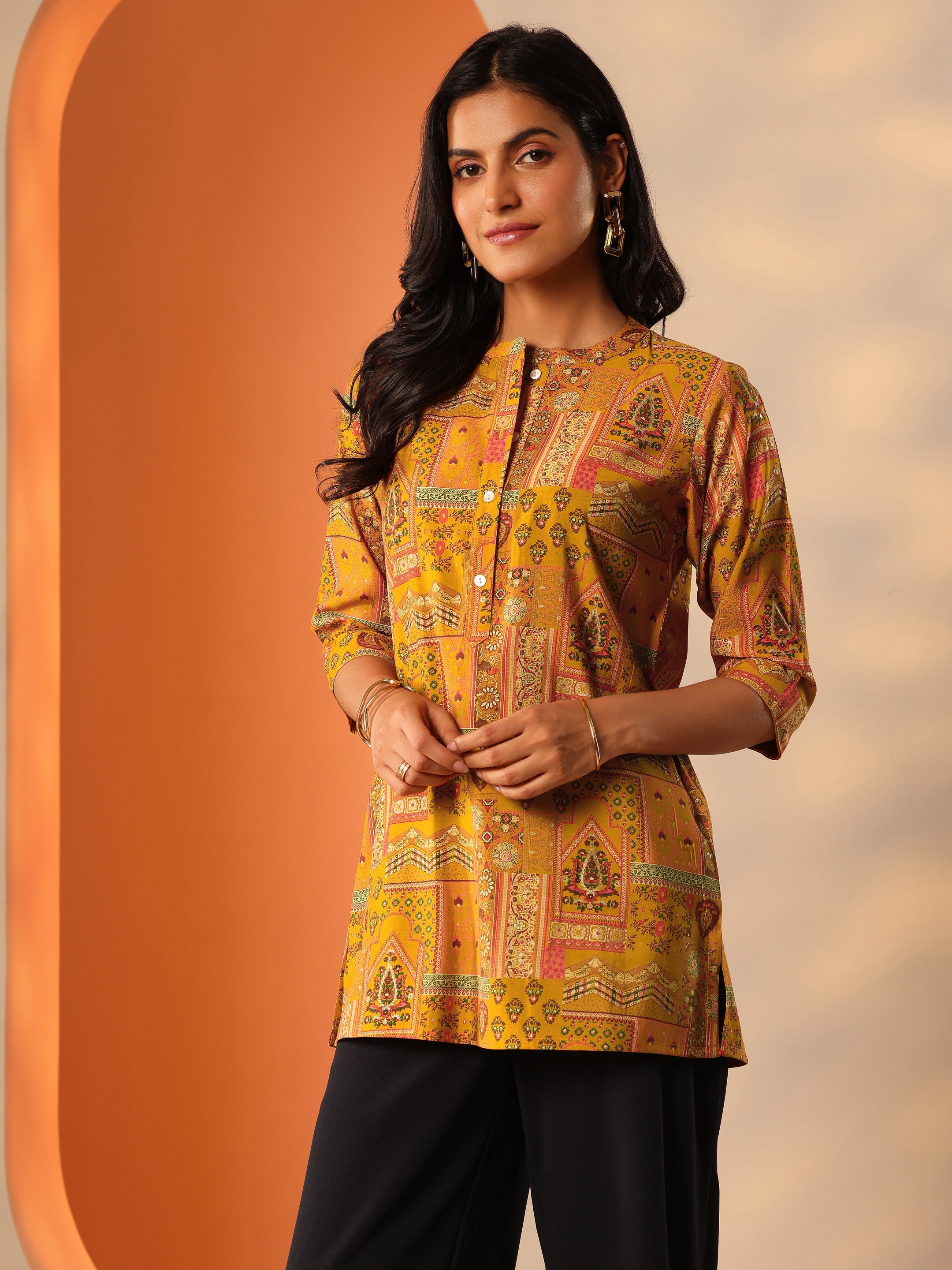 Mustard Printed Silk Blend Straight Short Kurti