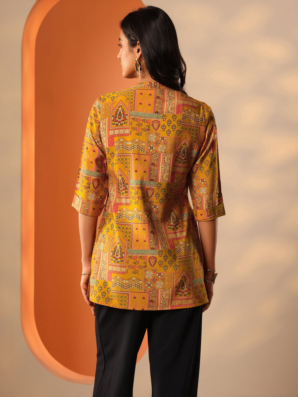 Mustard Printed Silk Blend Straight Short Kurti