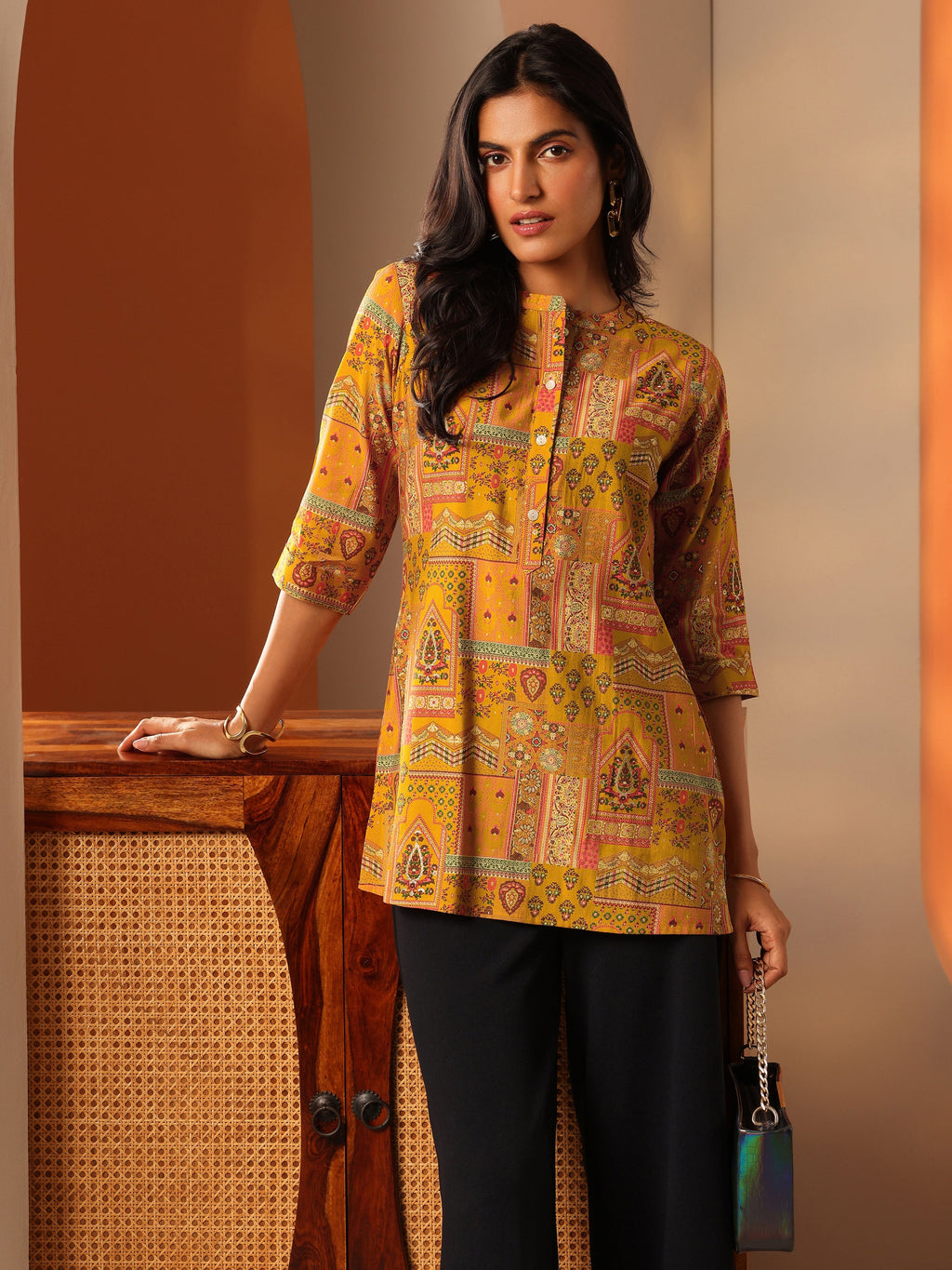 Mustard Printed Silk Blend Straight Short Kurti
