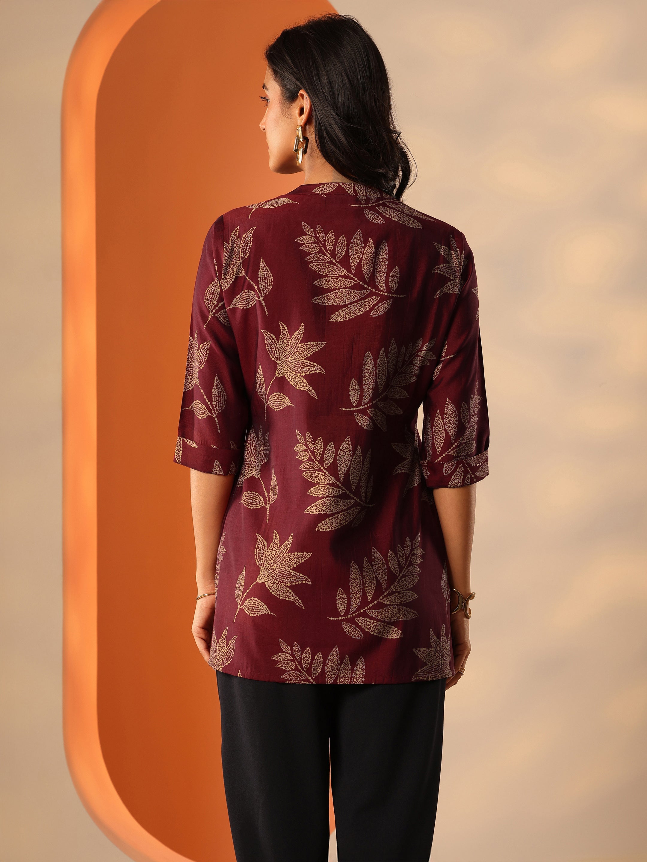 Maroon Printed Silk Blend Straight Short Kurti