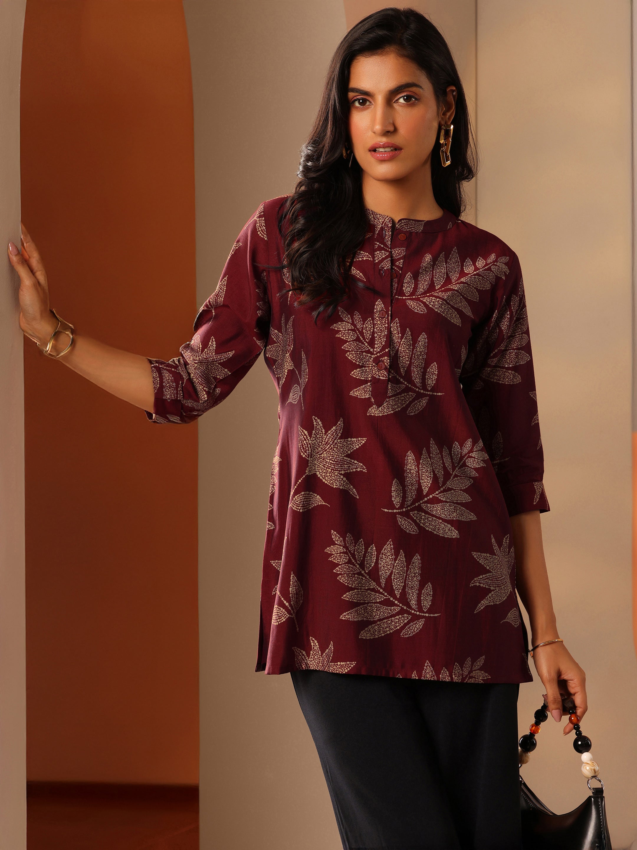 Maroon Printed Silk Blend Straight Short Kurti