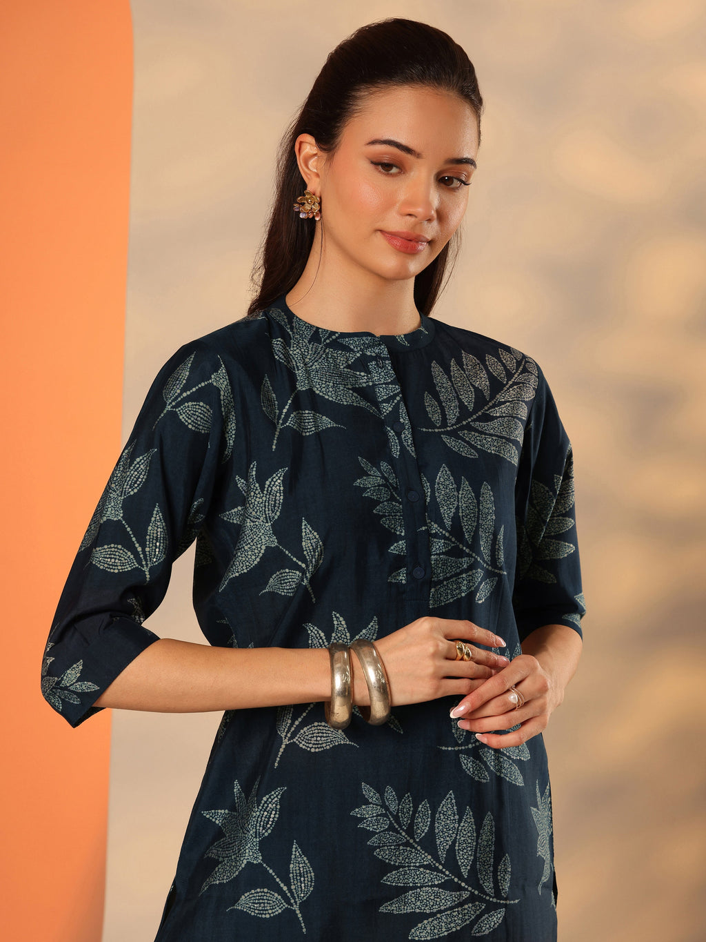 Blue Printed Silk Blend Straight Short Kurti