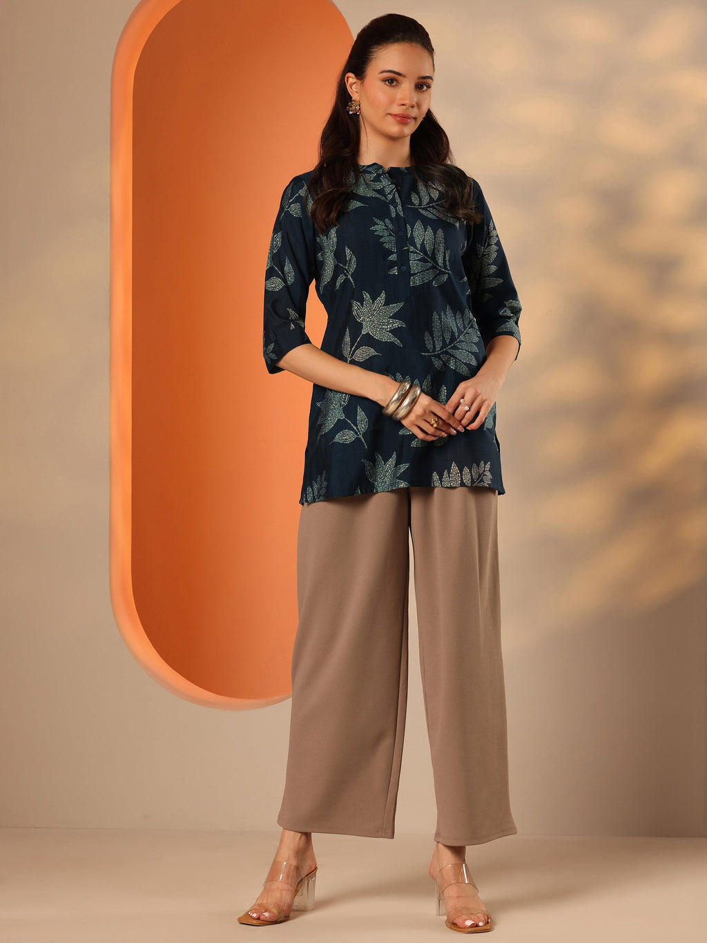 Blue Printed Silk Blend Straight Short Kurti