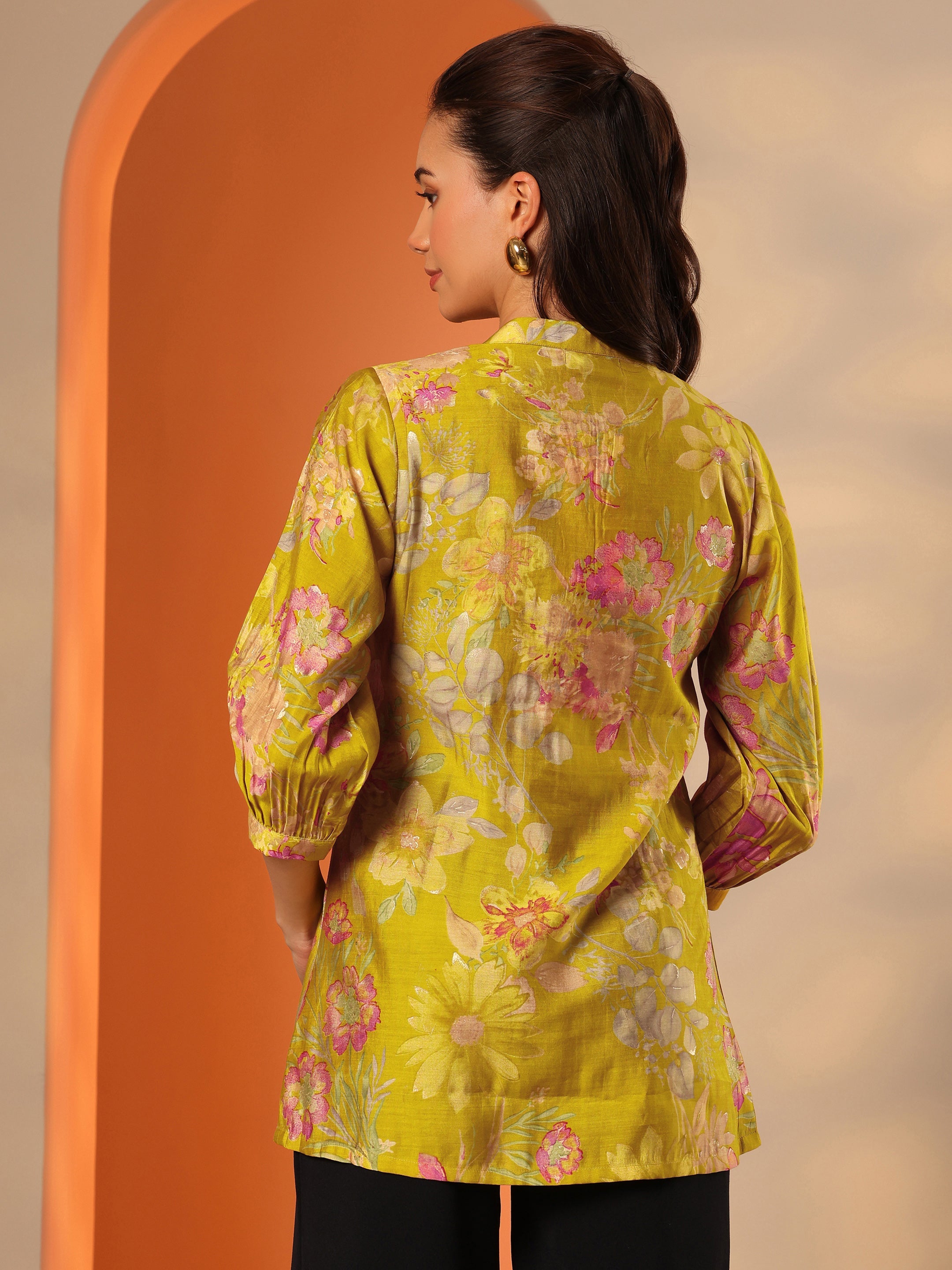Green Printed Silk Blend Straight Short Kurti