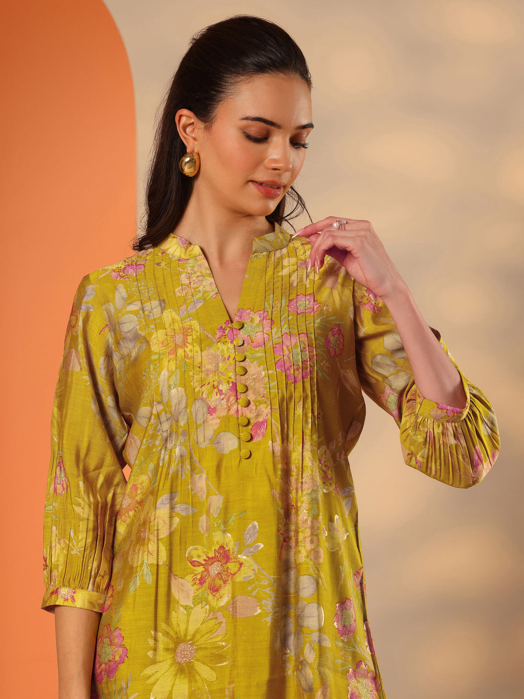 Green Printed Silk Blend Straight Short Kurti