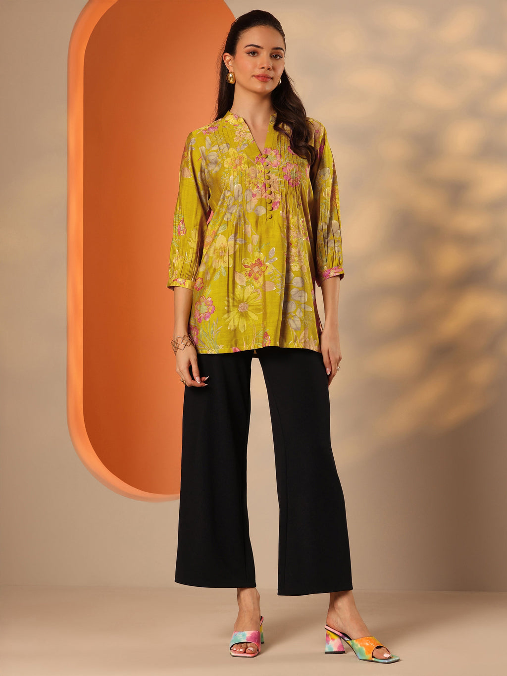 Green Printed Silk Blend Straight Short Kurti
