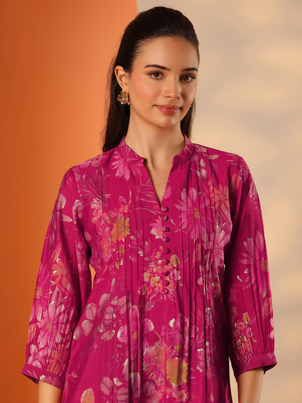 Pink Floral Silk Blend Straight Short Kurti