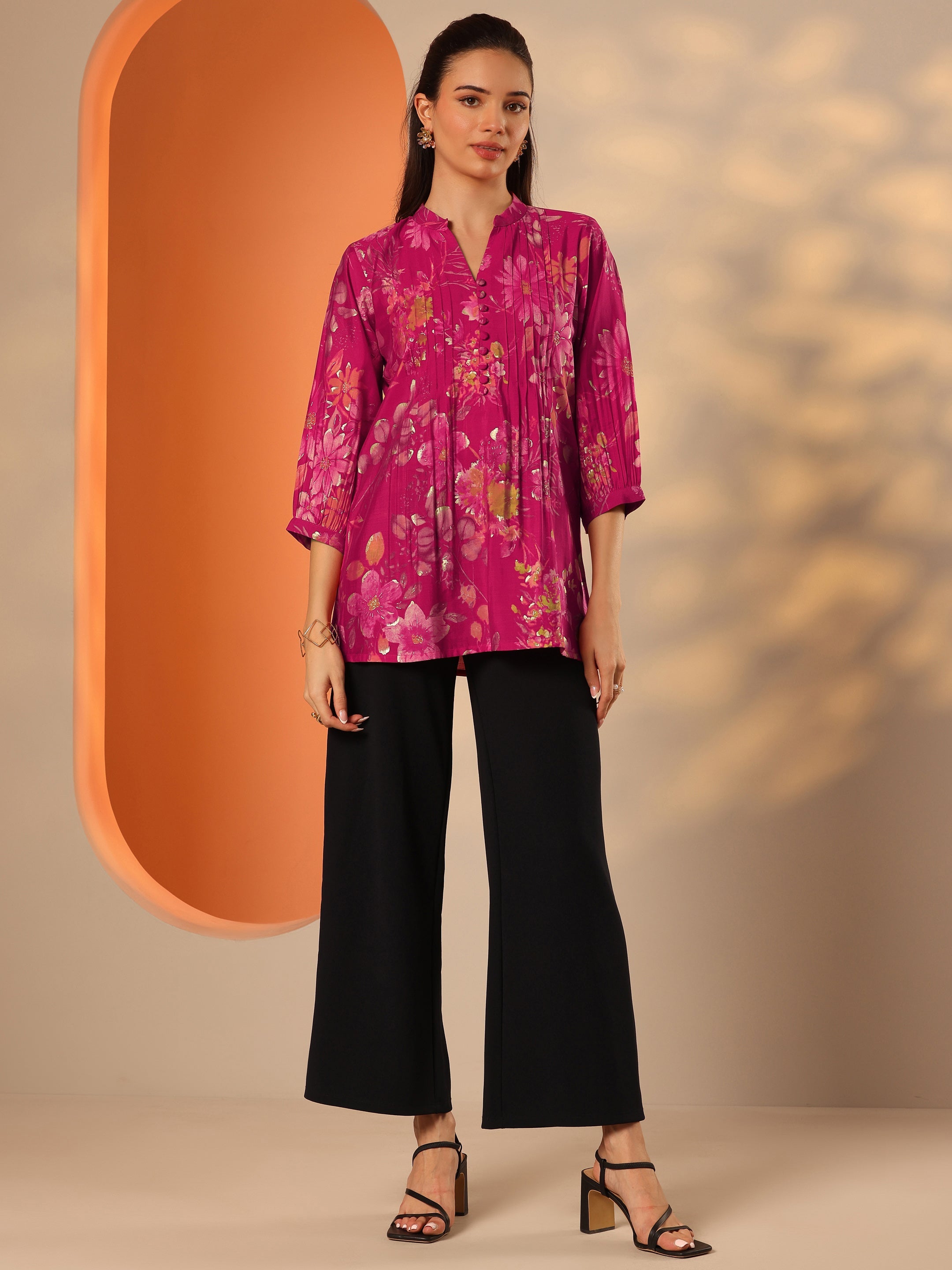 Pink Printed Silk Blend A-Line Short Kurti