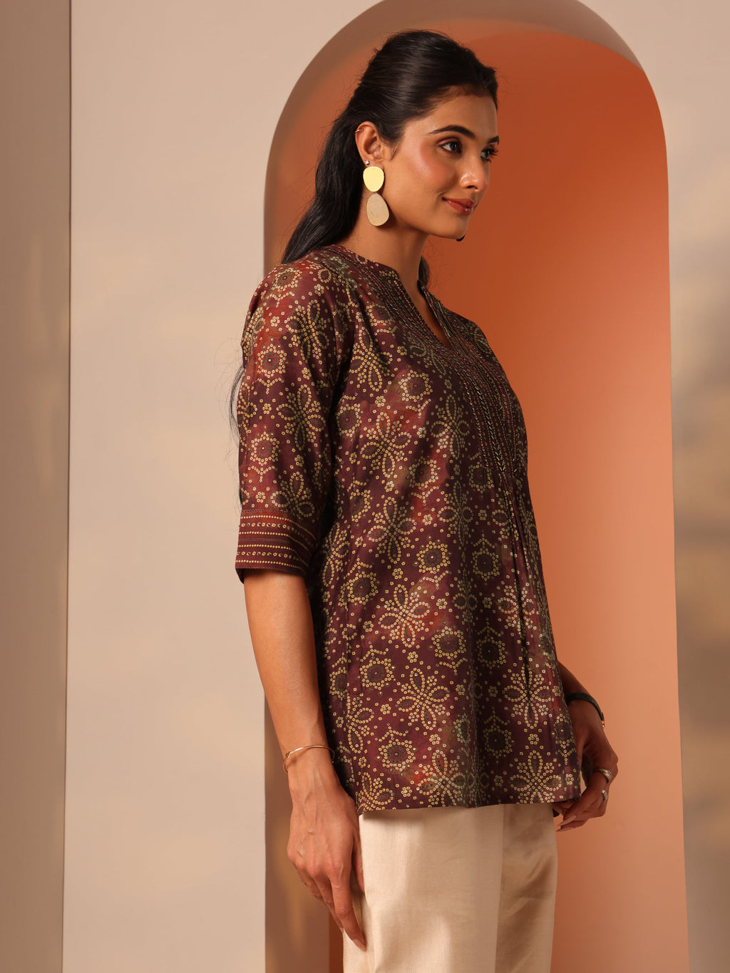 Maroon Printed Silk Blend Straight Short Kurti