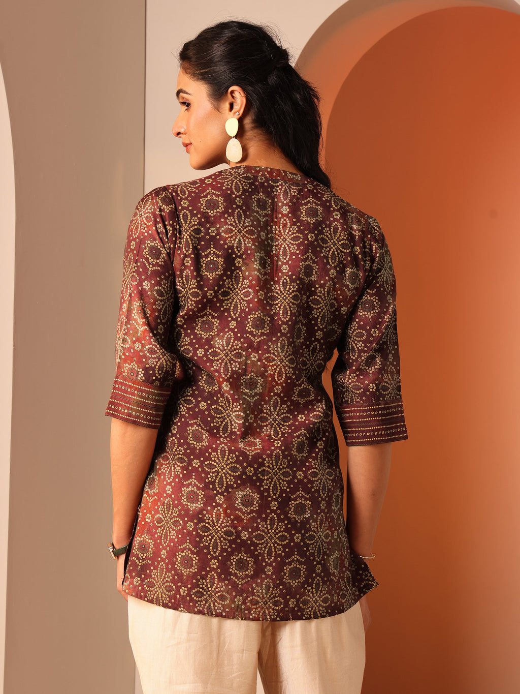 Maroon Printed Silk Blend Straight Short Kurti