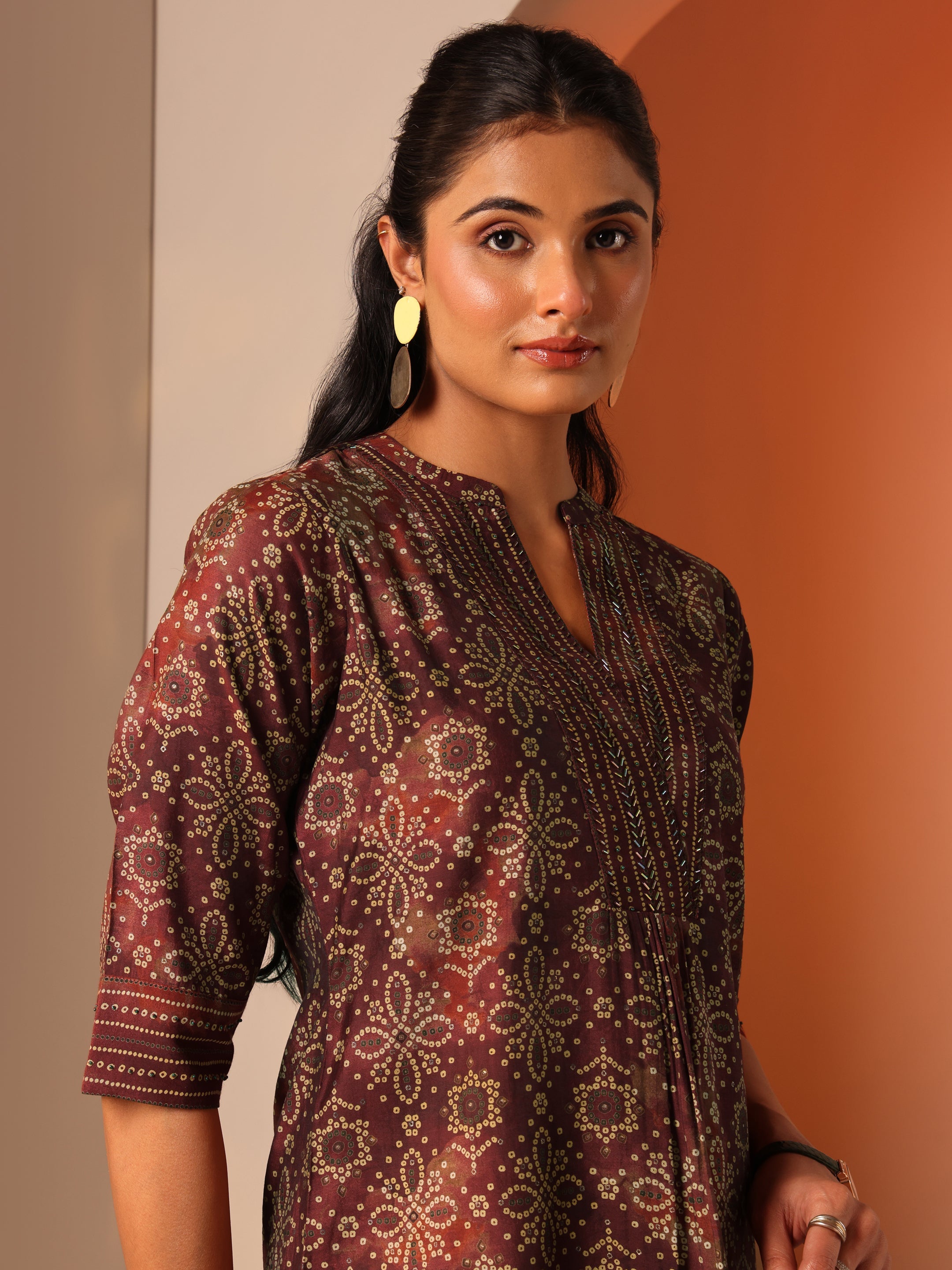 Maroon Printed Silk Blend Straight Short Kurti