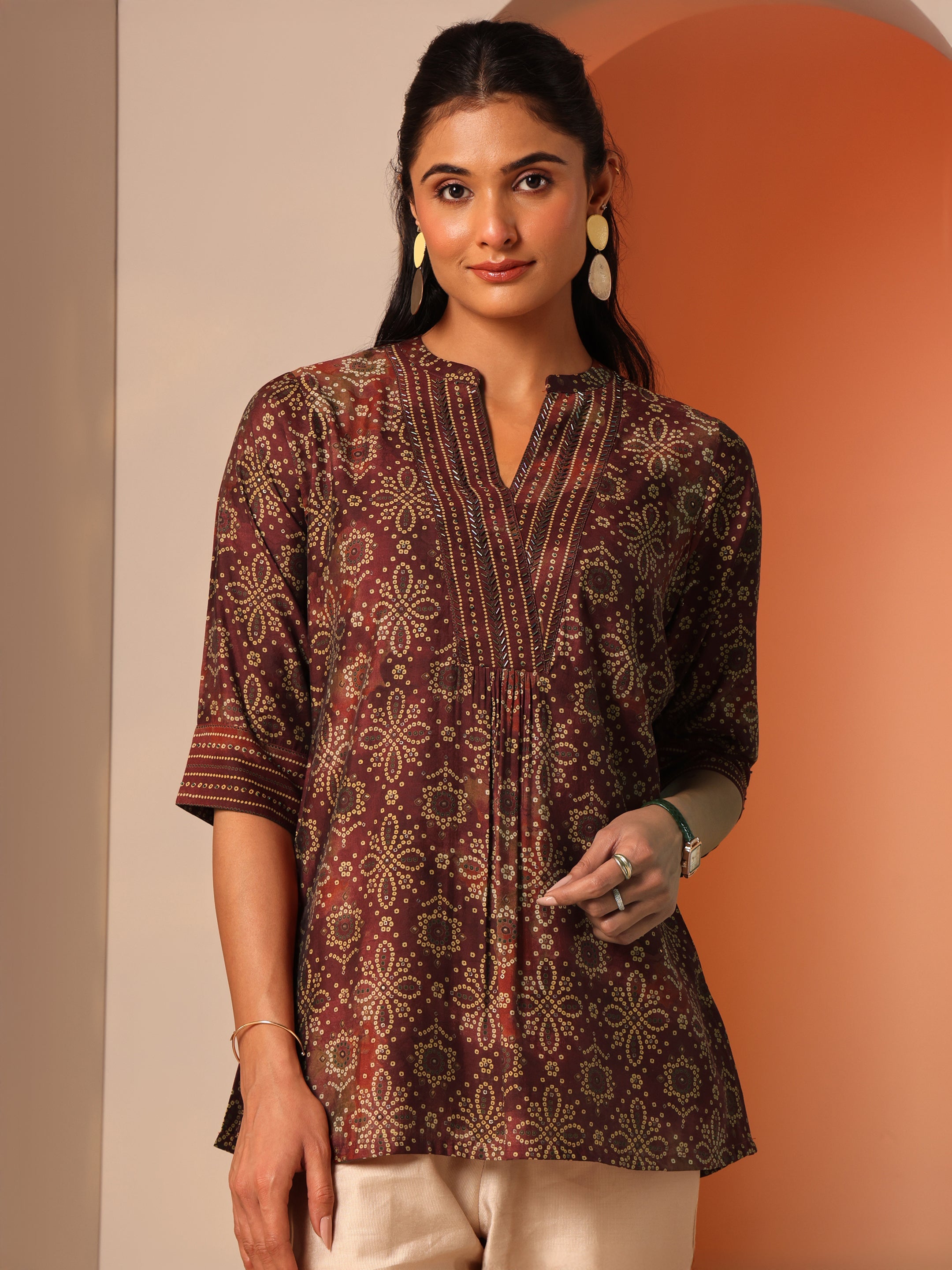 Maroon Printed Silk Blend Straight Short Kurti