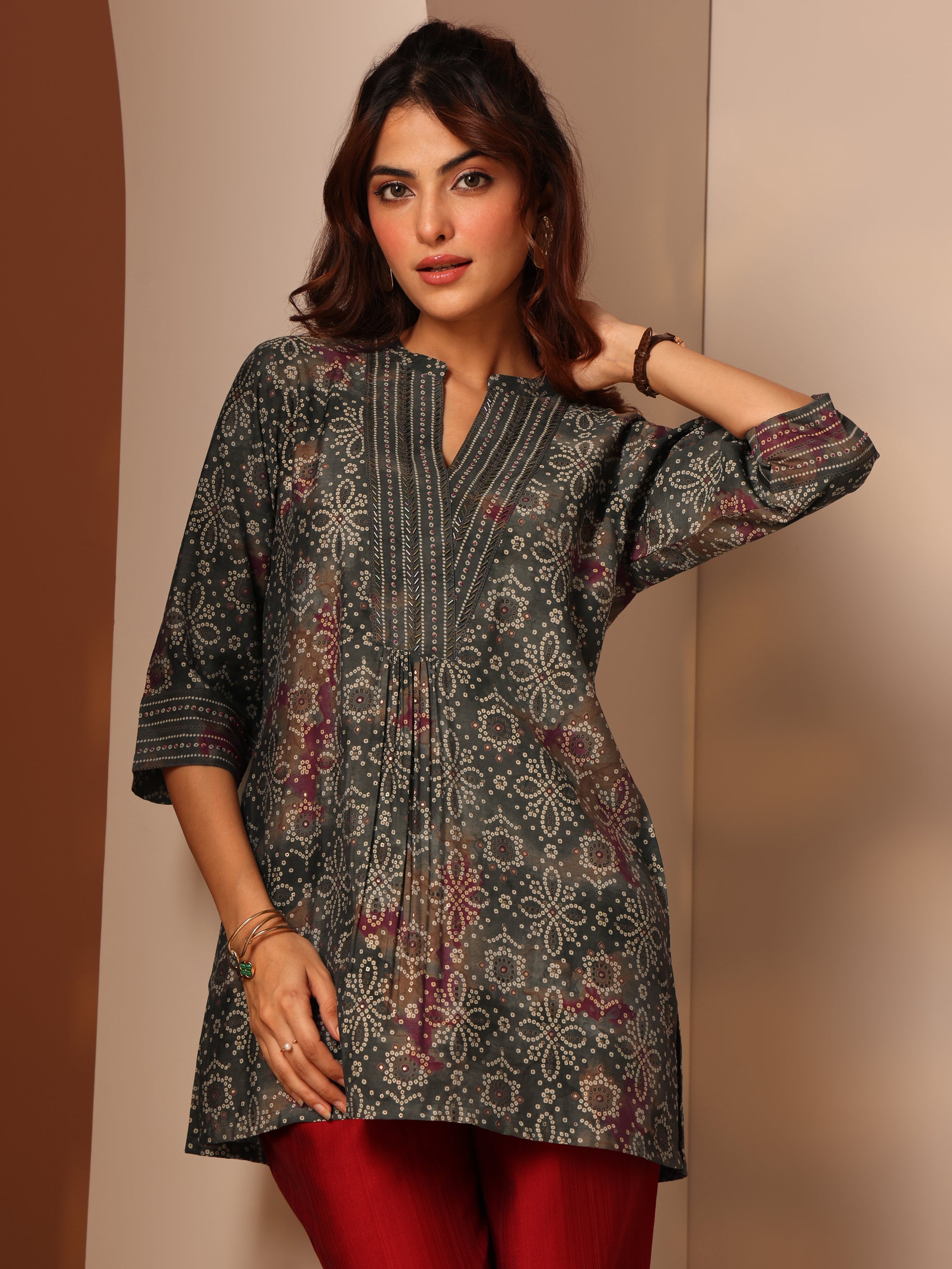 Grey Printed Silk Blend Straight Short Kurti