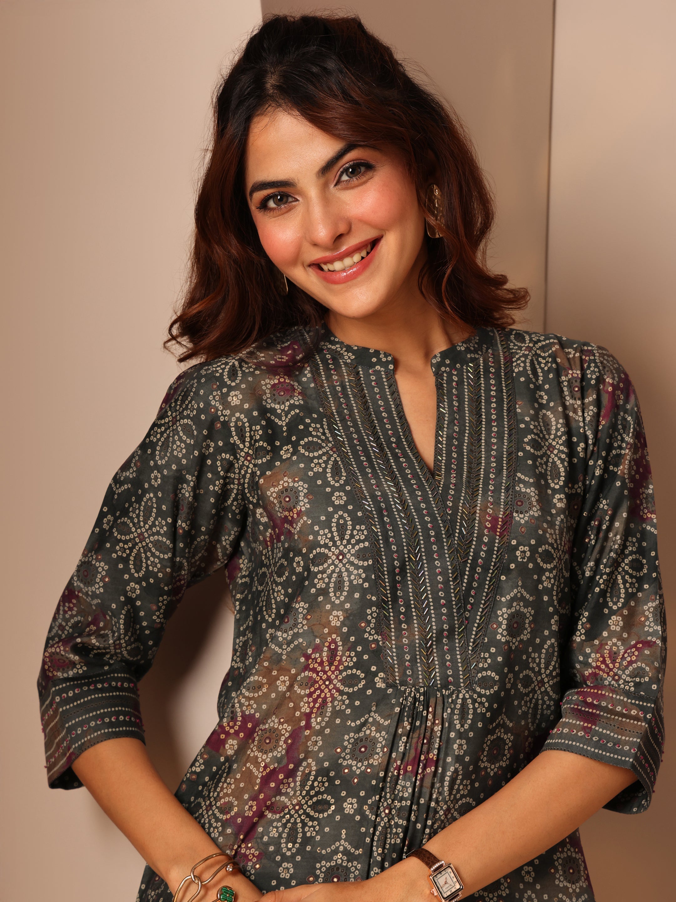 Grey Printed Silk Blend Straight Short Kurti