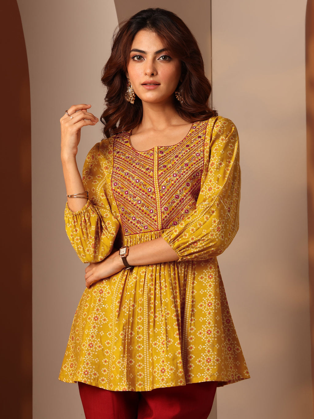 Mustard Printed Silk Blend Anarkali Short Kurti